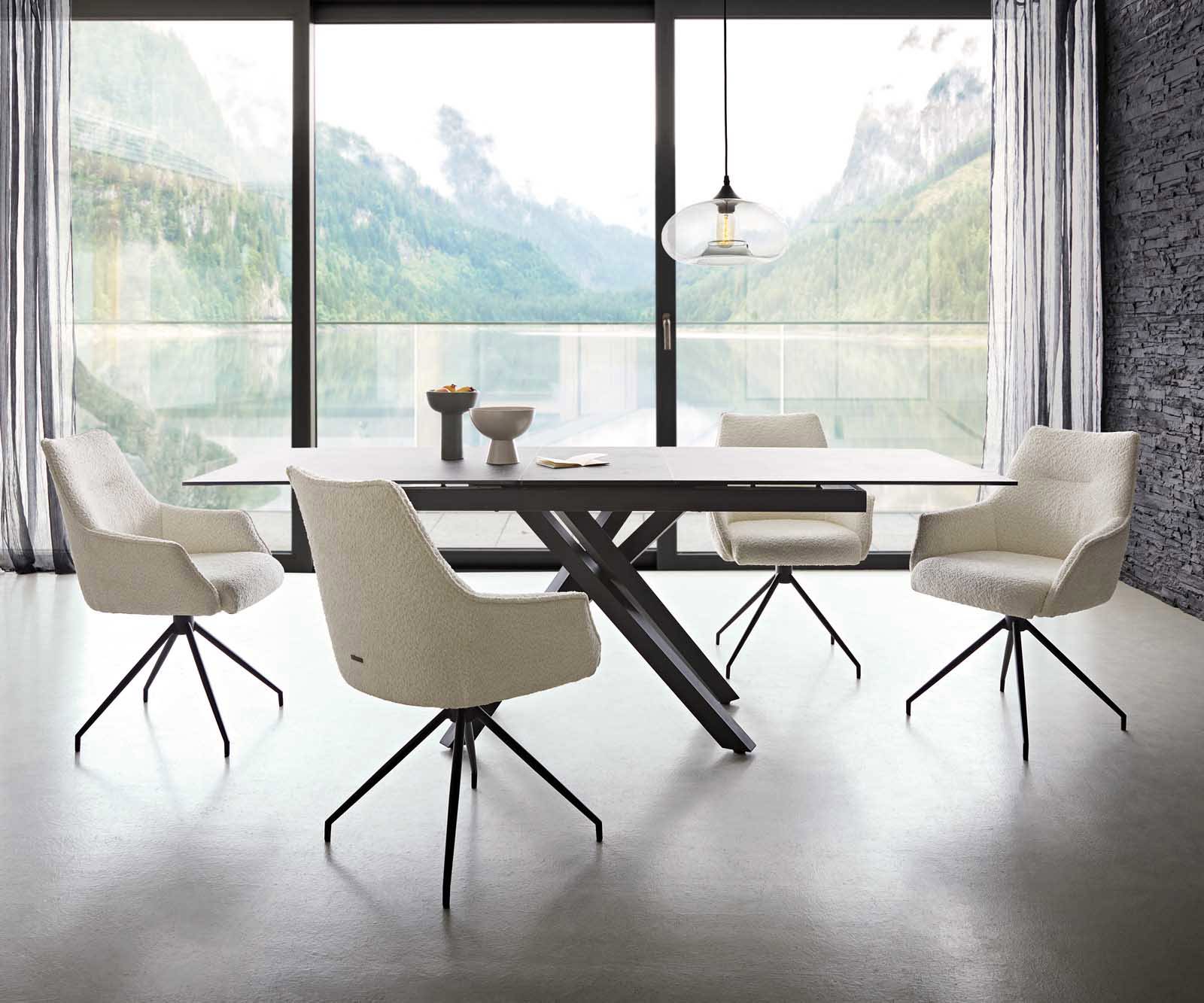 Draaistoel Alja-Flex met armleuning bouclé wit kruisframe conisch zwart 180° draaibaar pocketveer kern 3 Draaistoel Alja-Flex met armleuning bouclé wit kruisframe conisch zwart 180° draaibaar pocketveer kern 3