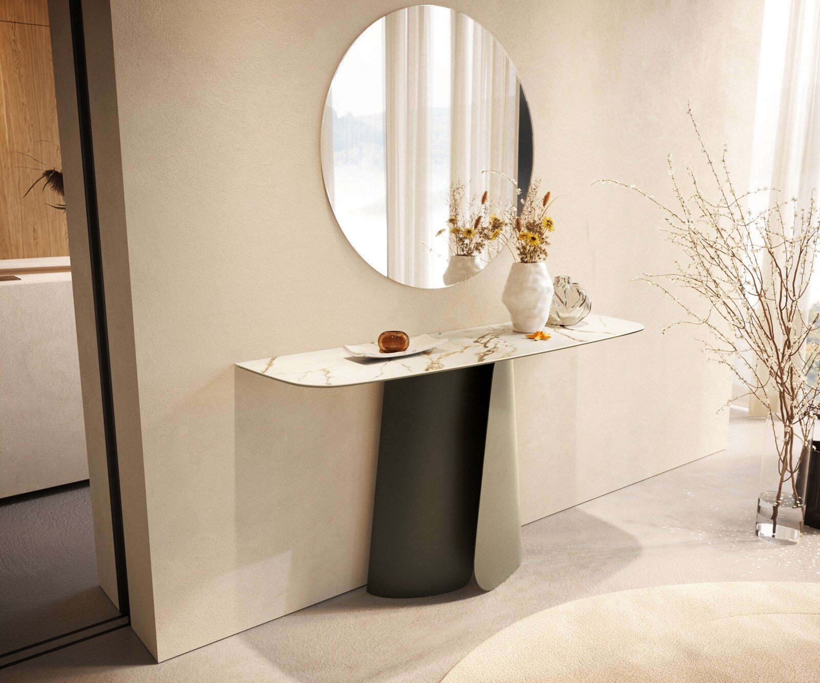 Consoletafel Edge Bootvorm 140x40 cm Keramiek Calacatta Luxe Weiß-Gold-Grijs Livos Metaal Effektfinish Titan 4