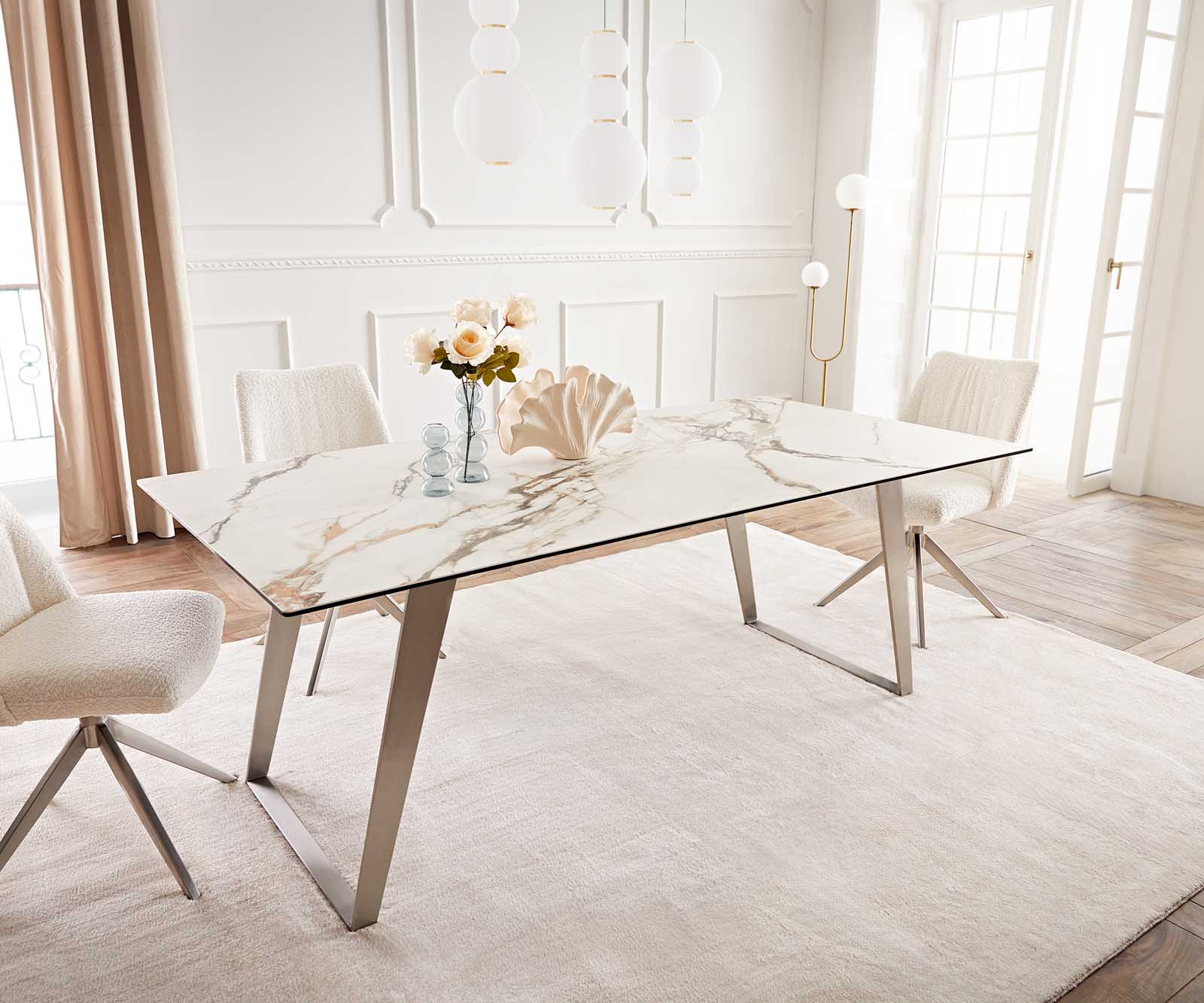 Eetkamertafel Edge 200x100 keramiek Calacatta Luxe wit-goud-grijs RVS schuin 1