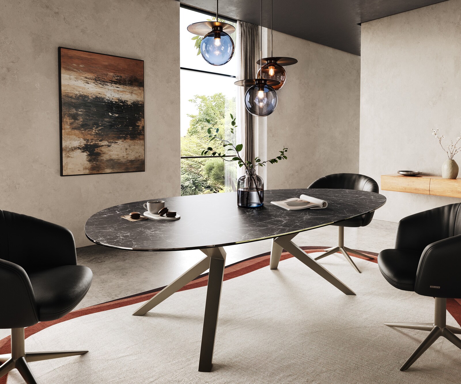 Eetkamertafel Edge ovaal 220x120 Laminam® keramiek Nero Greco Anthrazit Zenthara hoekig metaal effectafwerking titaan