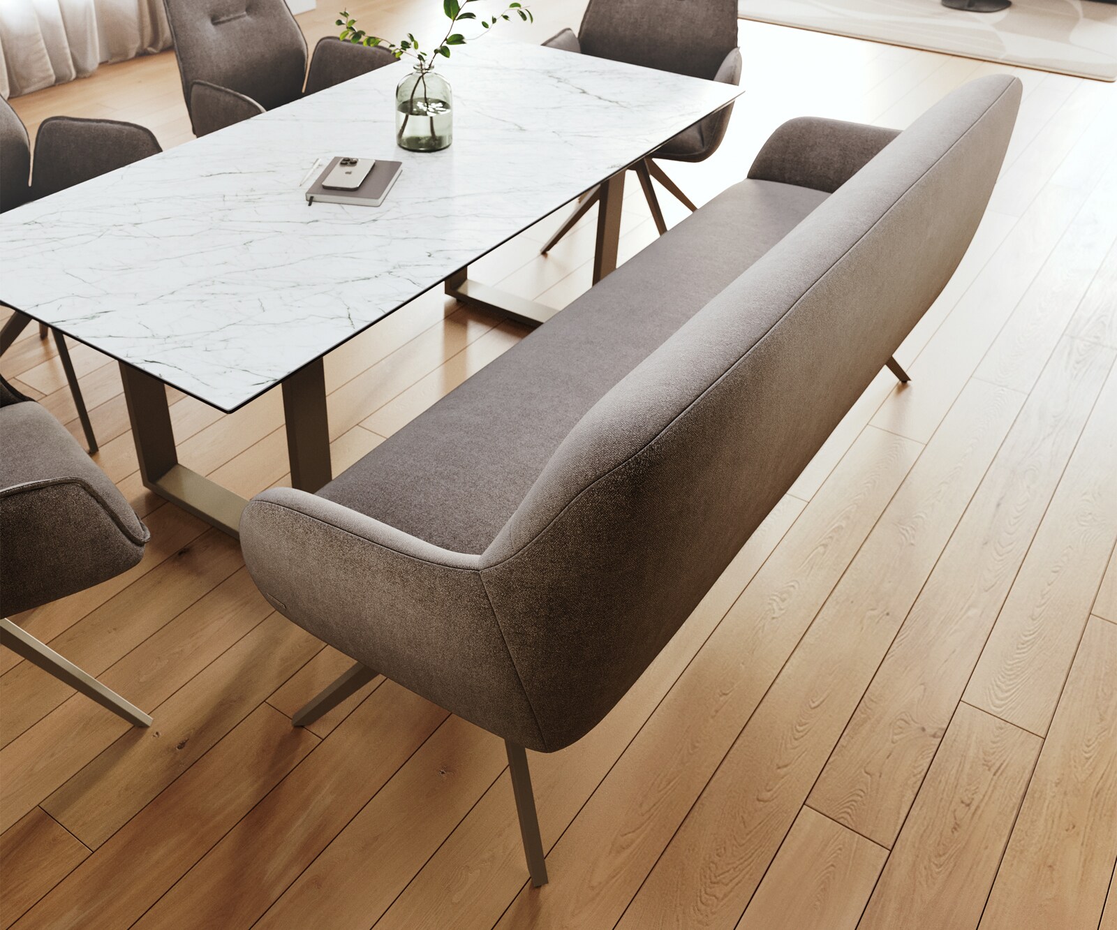 Eetkamerbank Taya-Flex 200 cm zachte stof met structuur taupe hoekig kruisframe afwerking met titaniumeffect pocketvering 3