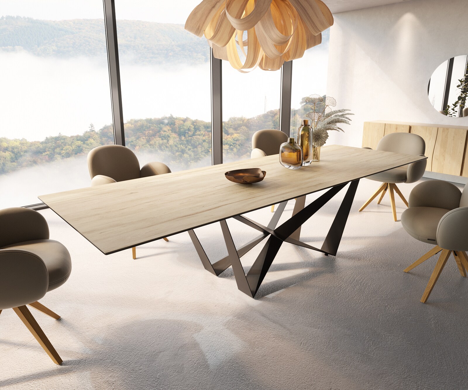 Eetkamertafel Edge 300x100 keramiek Laminam® Sabbia eiken kleur spider vlak staal zwart