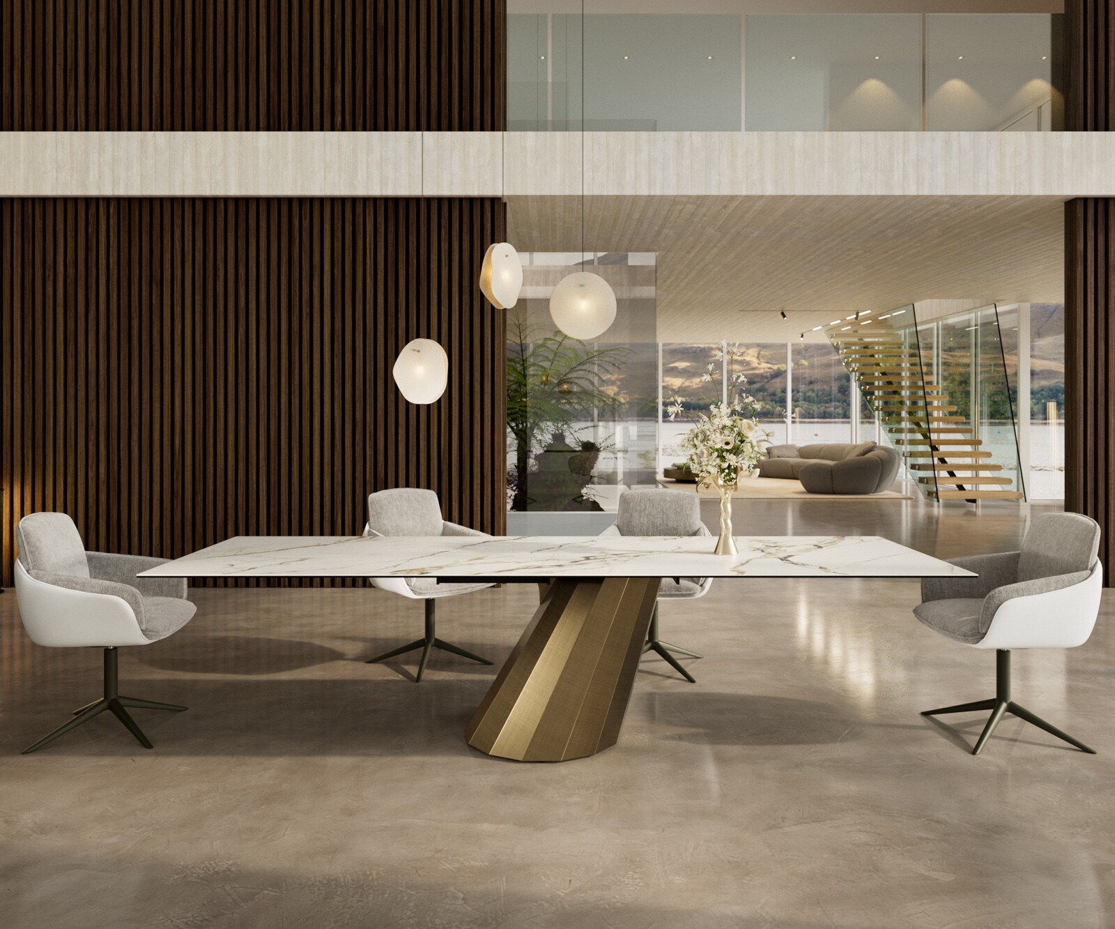 Eettafel Edge 300x100 keramiek  Calacatta Luxe wit-goud-grijs Parabel metaal goud Eettafel Edge 300x100 keramiek  Calacatta Luxe wit-goud-grijs Parabel metaal goud