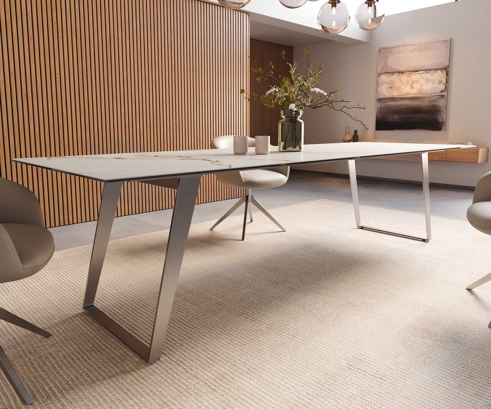 Eetkamertafel Edge 300x100 keramiek Calacatta Luxe wit-goud-grijs RVS schuin 7