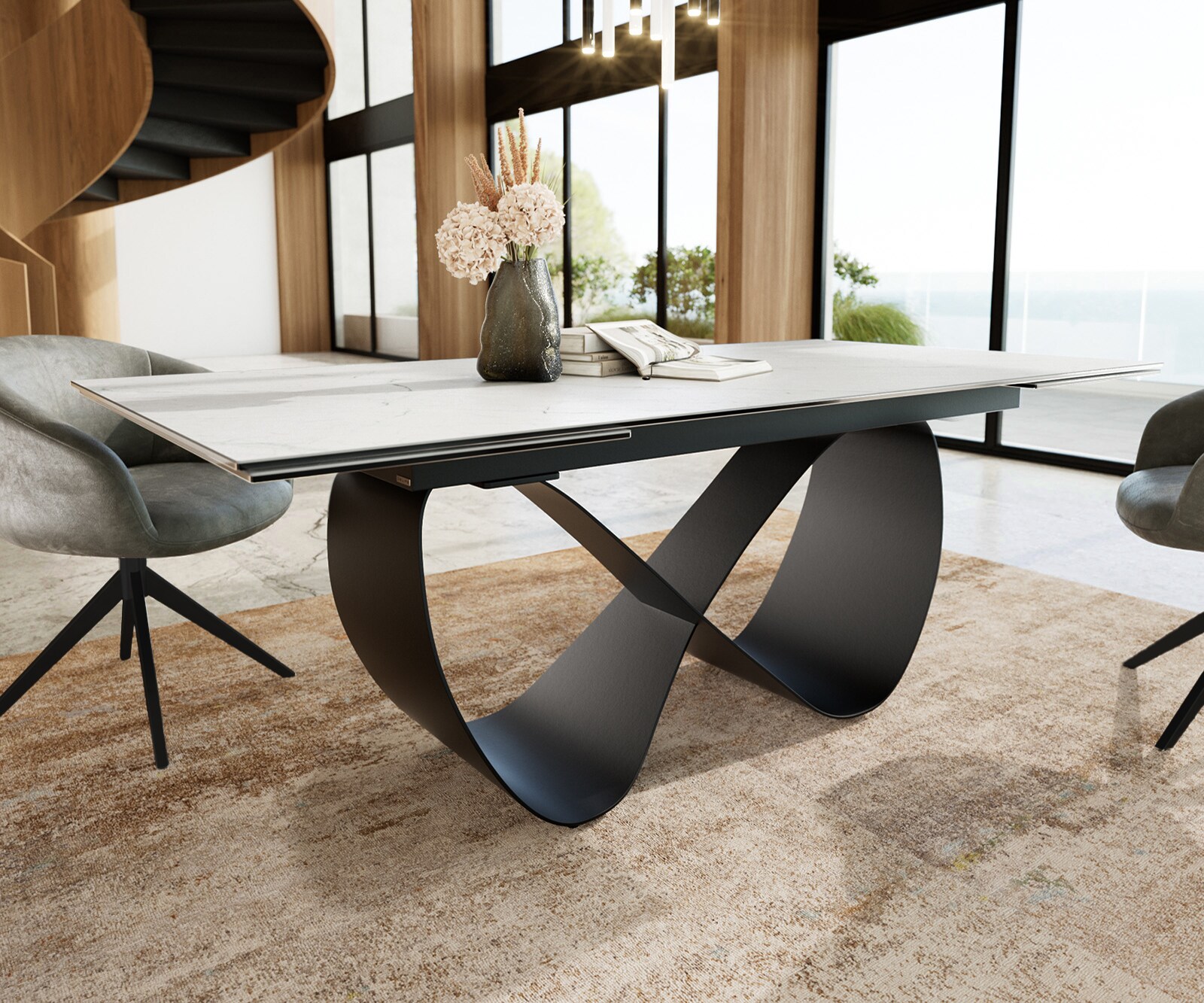 Eetkamertafel Edge 200-300x100 cm Keramiek Laminam®Statuarietto Wit Infinity Metaal Zwart uitschuifbaar 6