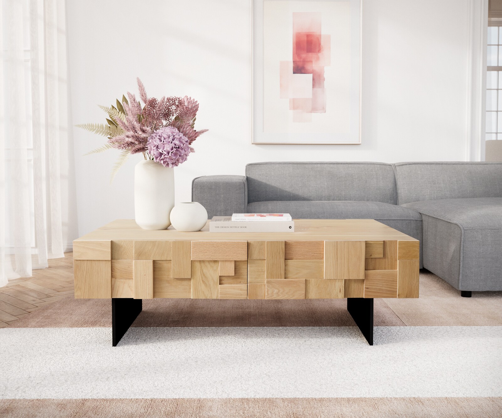 Salontafel Puzzle 120 cm 4 laden natuur eiken onderstel zwevend metaal zwart 1