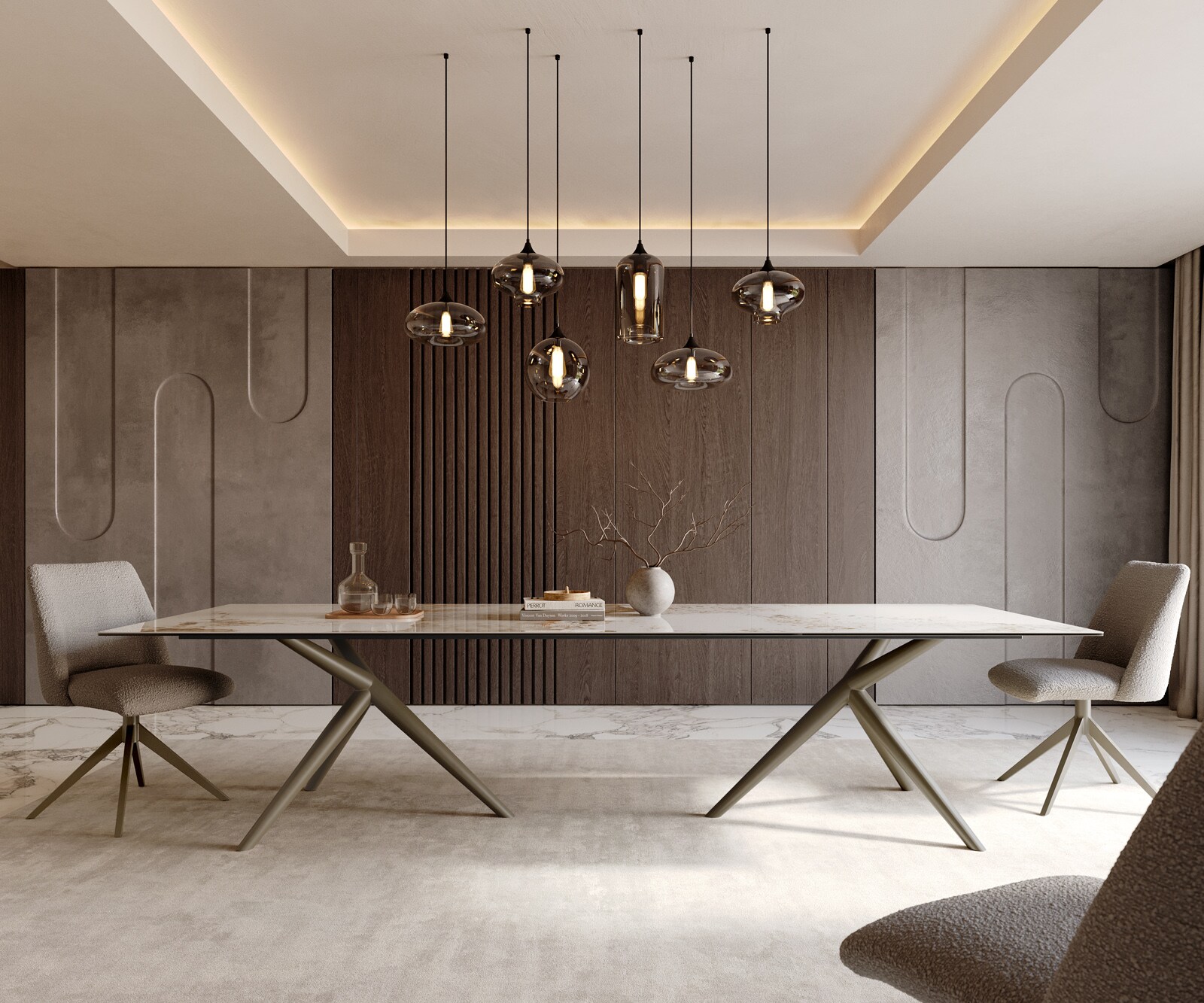 Eetkamertafel Edge 300x100 keramiek Minas Melange wit-Beige Estelar rond  metaal effectafwerking titaan 2