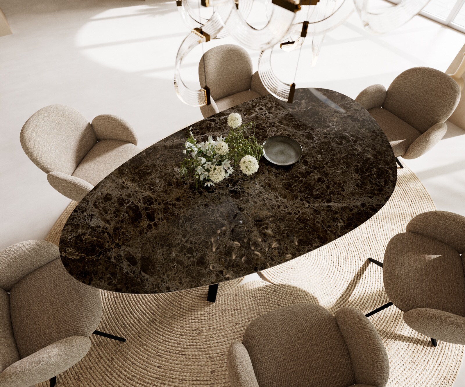 Eetkamertafel Edge ovaal 220x120 keramiek Laminam®Emperador Extra Lucidato donkerbruin Zenthara hoekig metaal zwart 2