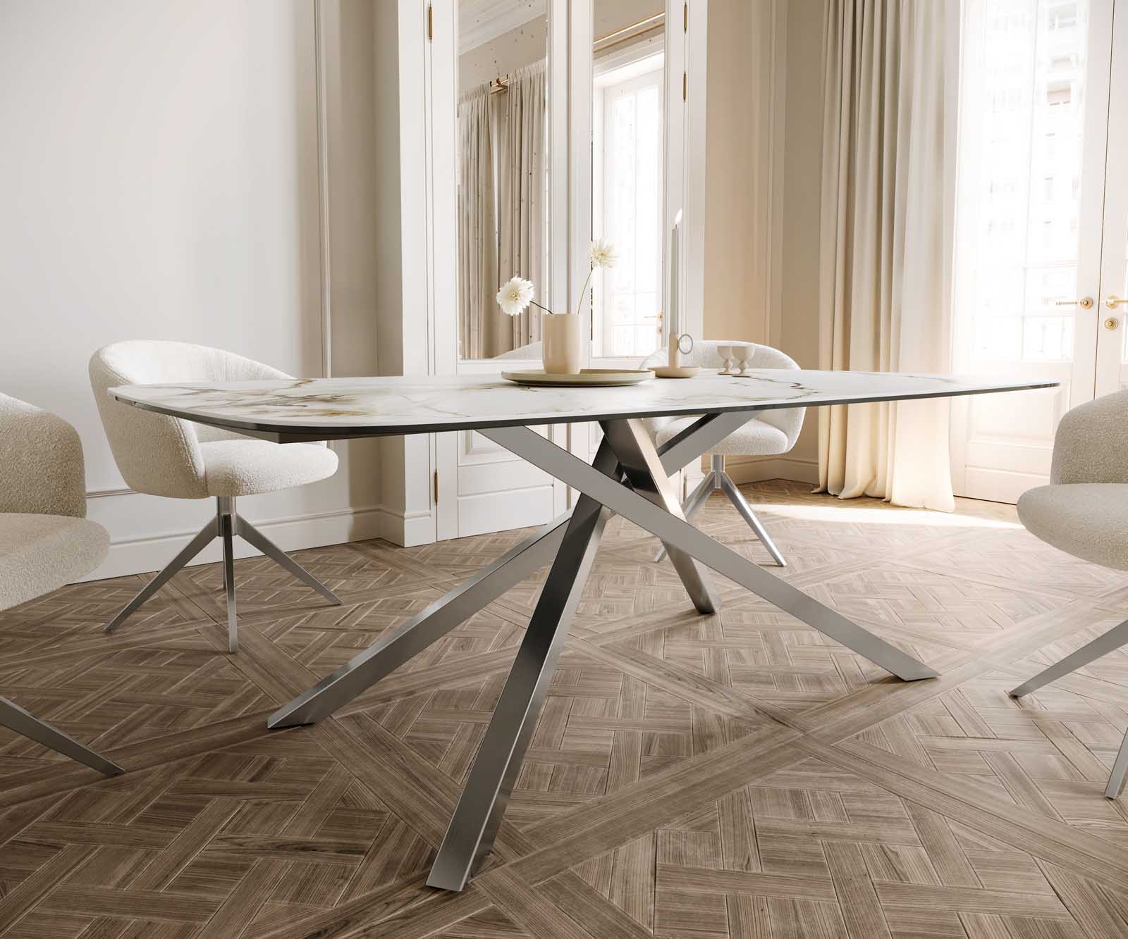 Eetkamertafel Edge Boot 200x100 keramiek Calacatta Luxe wit-goud-grijs kruisframe rechthoek RVS 5