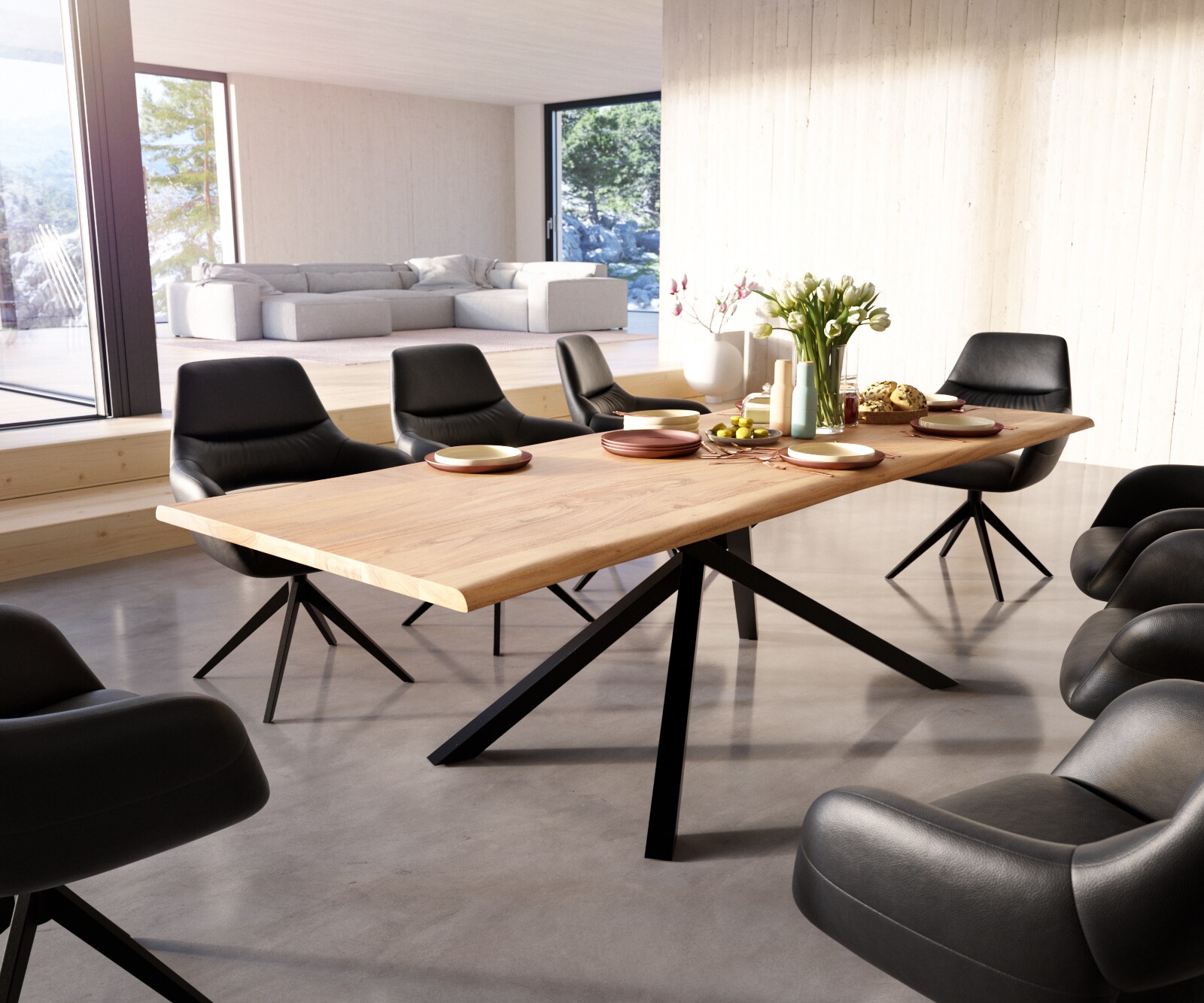 Eettafel Edge 260x100 acacia natuur Kreuzframe rechthoek zwart Live-Edge