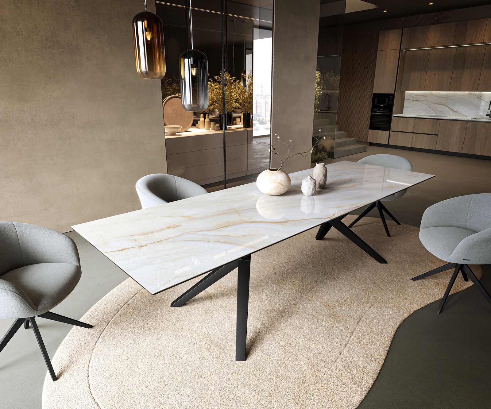 Eettafel Edge 300x100 cm keramiek Onyx Pearl Zenthara hoekig metaal zwart