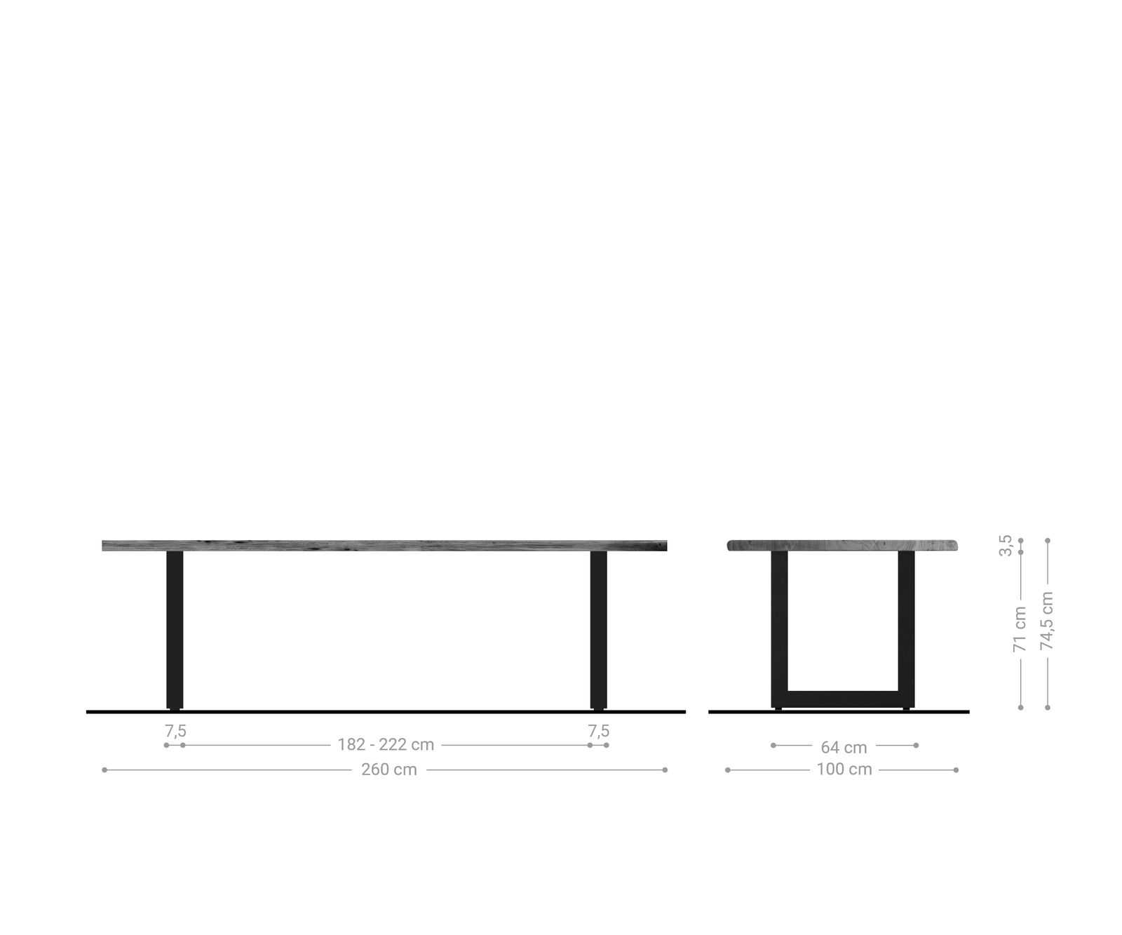 Eettafel Edge 260x100 acacia platina roestvrijstaal breed Live-Edge 5