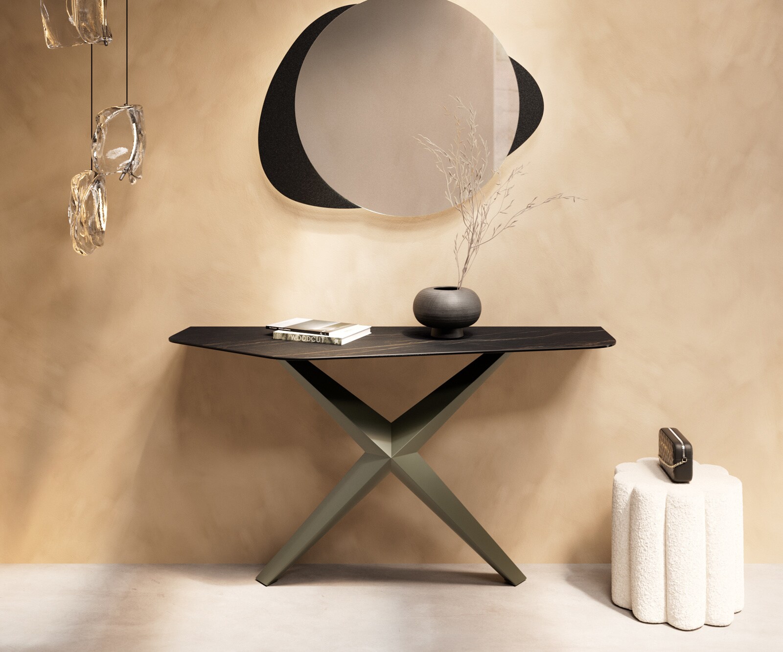 Consoletafel Edge Polygonaal 140x50 cm Keramiek Laminam® Noir Desir Braun Zentharo Metaal Effektfinish Titan 1