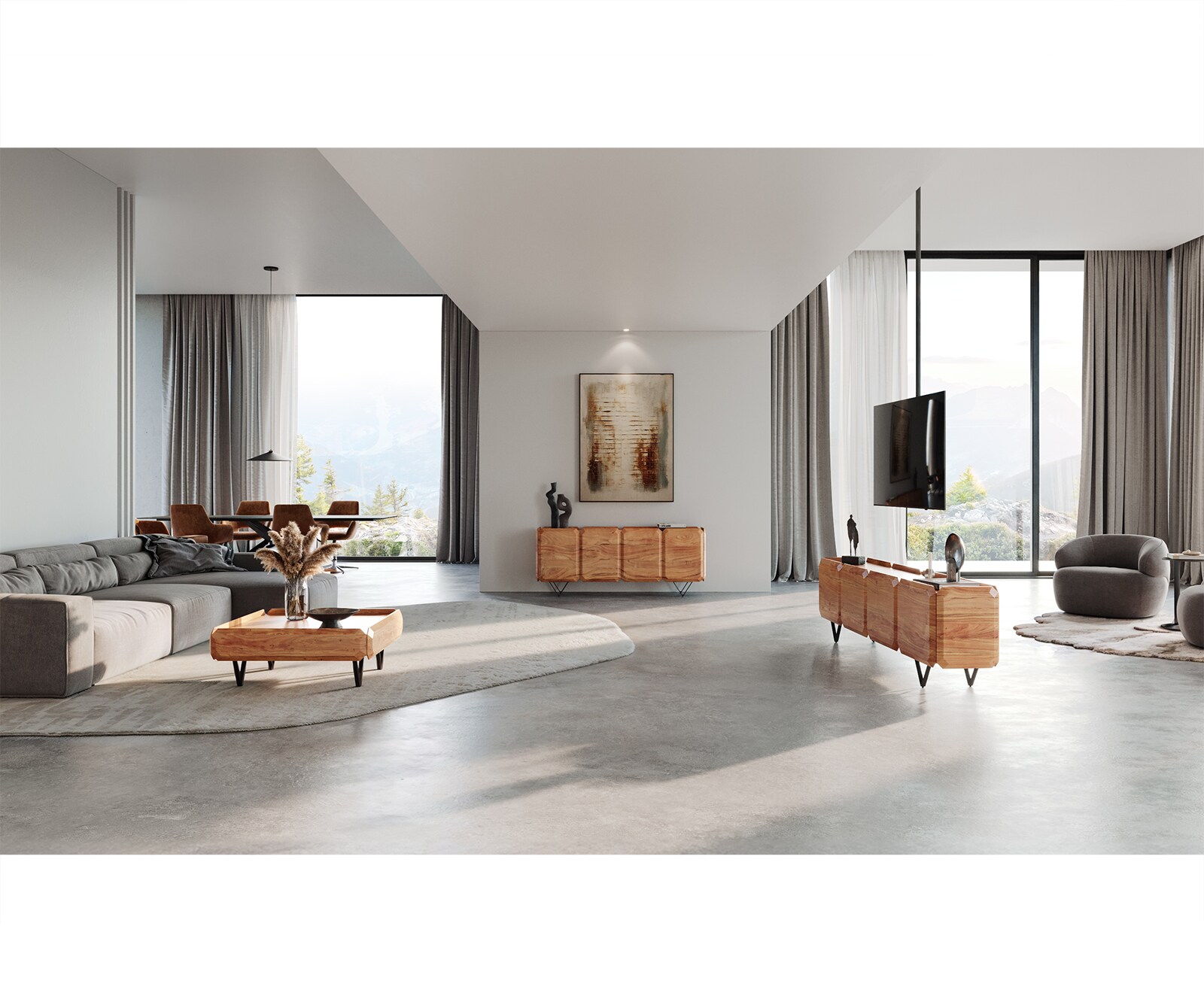 Lowboard Kiano 200 cm Acacia Natuur 4 Deuren V-voet Edelstaal Roomdivider 5 Lowboard Kiano 200 cm Acacia Natuur 4 Deuren V-voet Edelstaal Roomdivider 5