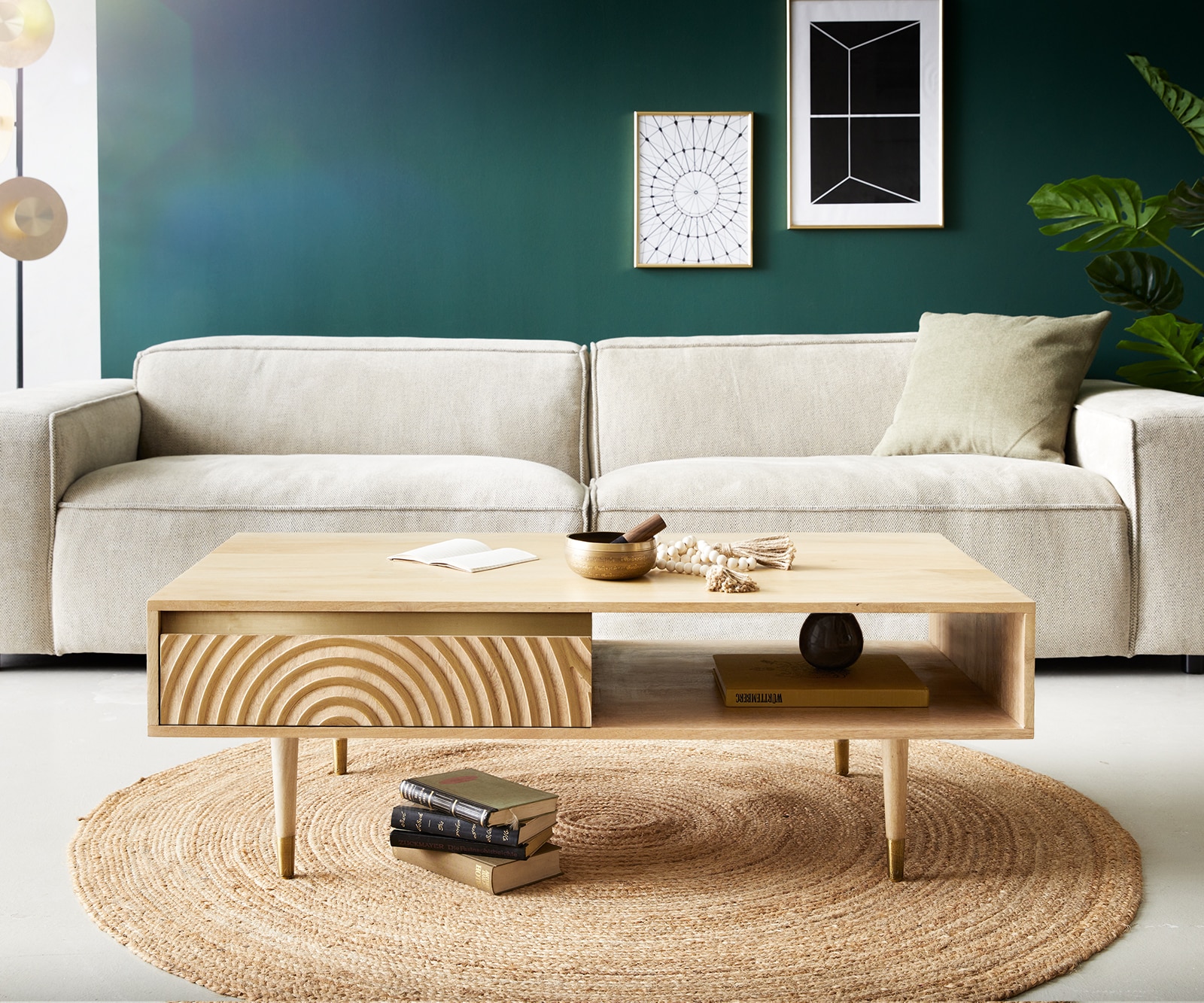 Salontafel Budaya mango natuur 115x60 cm 2 laden 1 plank poot rond 1 Salontafel Budaya mango natuur 115x60 cm 2 laden 1 plank poot rond 1