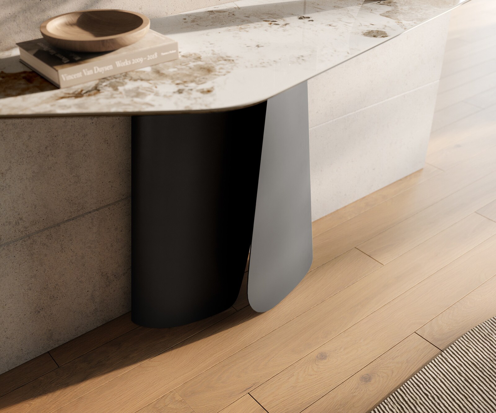 Consoletafel Edge Polygonaal 140x50 cm Keramiek Minas Melange Weiß-Beige Livos Metaal Zwart 6