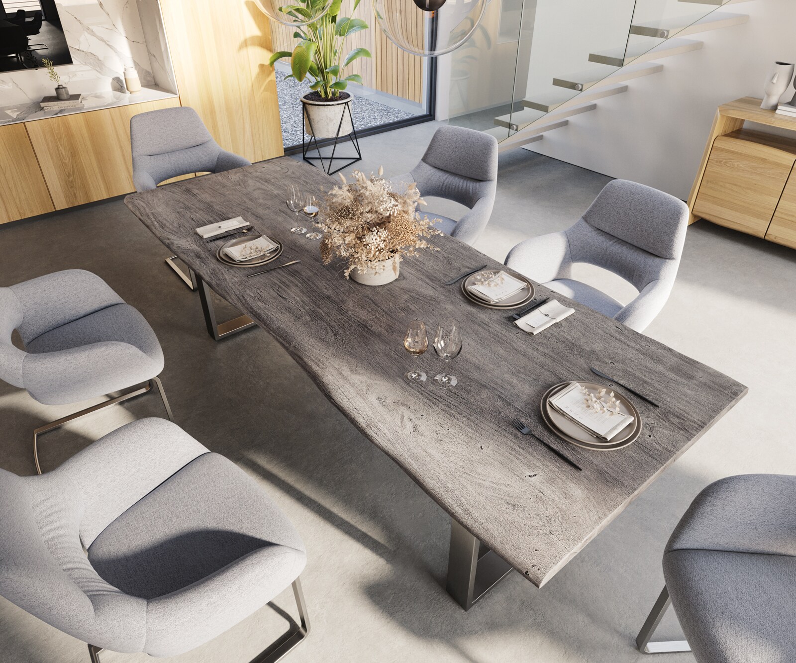 Eettafel Edge 260x100 acacia platina roestvrijstaal smal Live-Edge 3