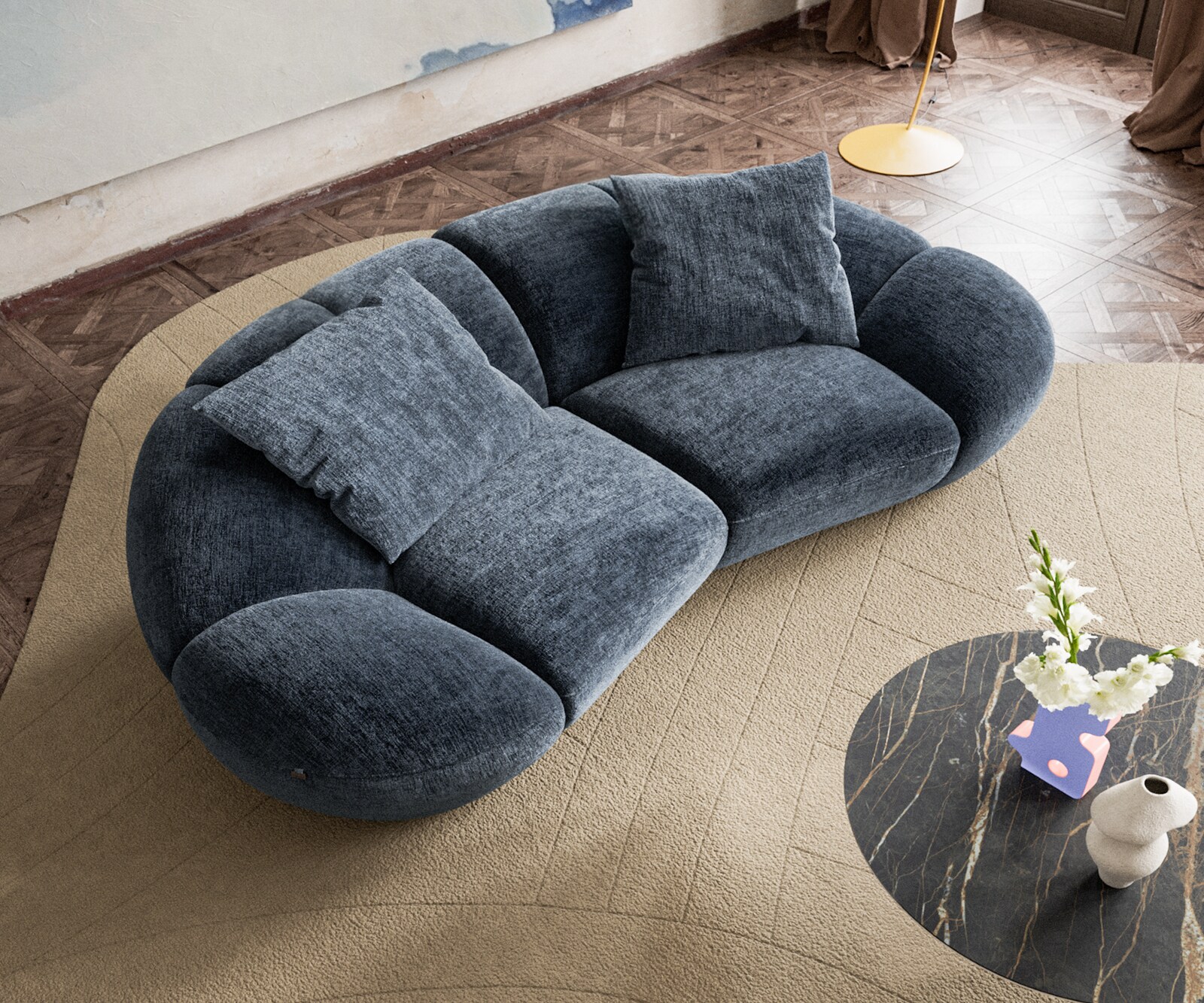 2-zitsbank Lunna 280x170 cm Chenille Blauw 2 kussens 2