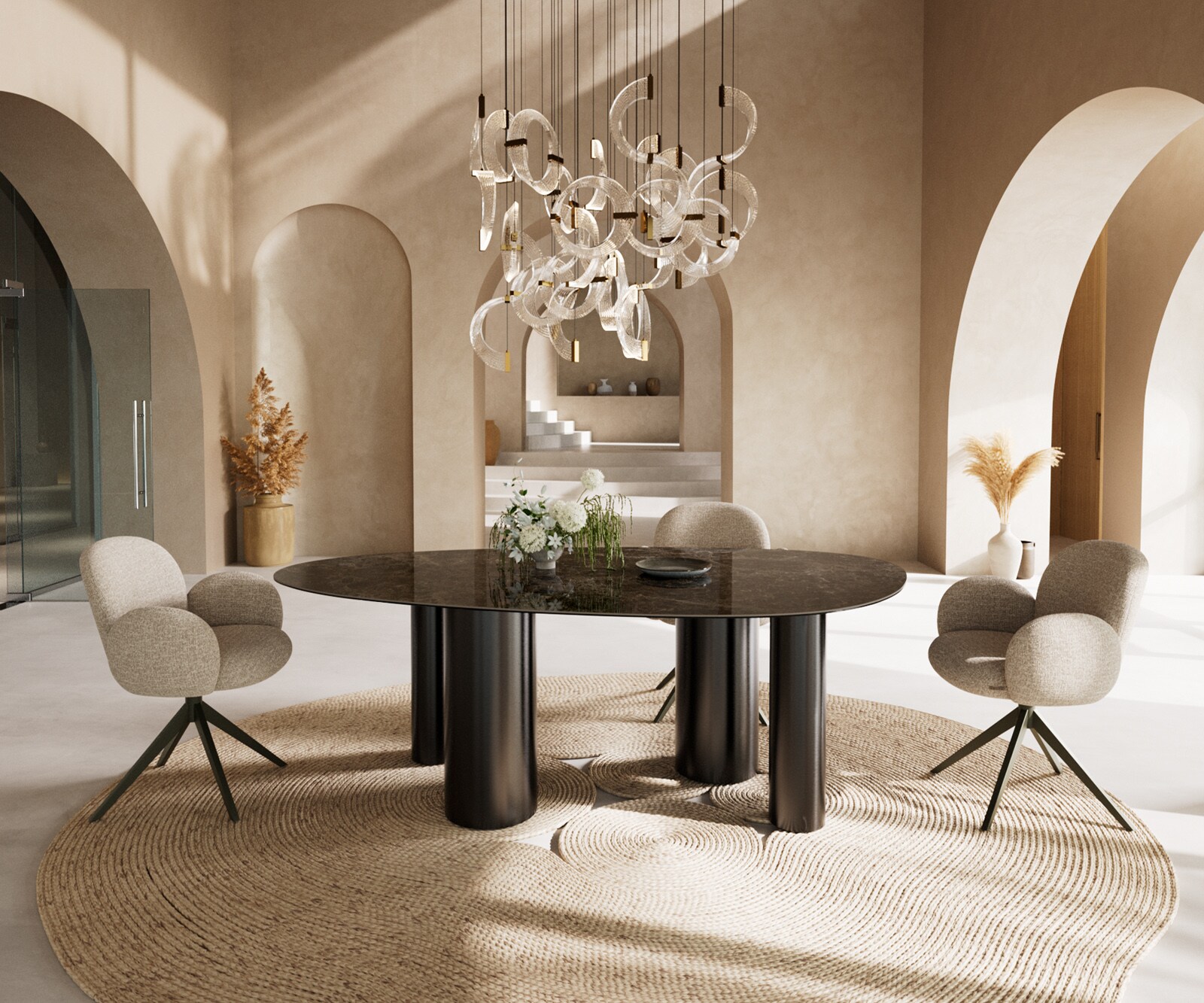 Eetkamertafel Edge ovaal 220x120 keramiek Laminam®Emperador Extra Lucidato donkerbruin Pilier roestvrij staal grafiet 4