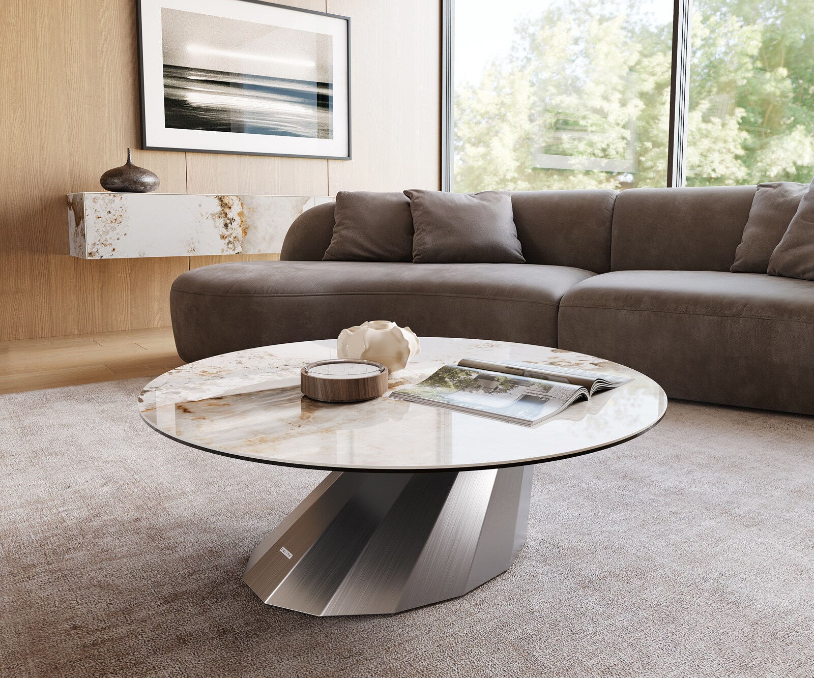Salontafel Edge rond 100x100 cm keramiek Minas Melange Parabi geborsteld roestvrij staal