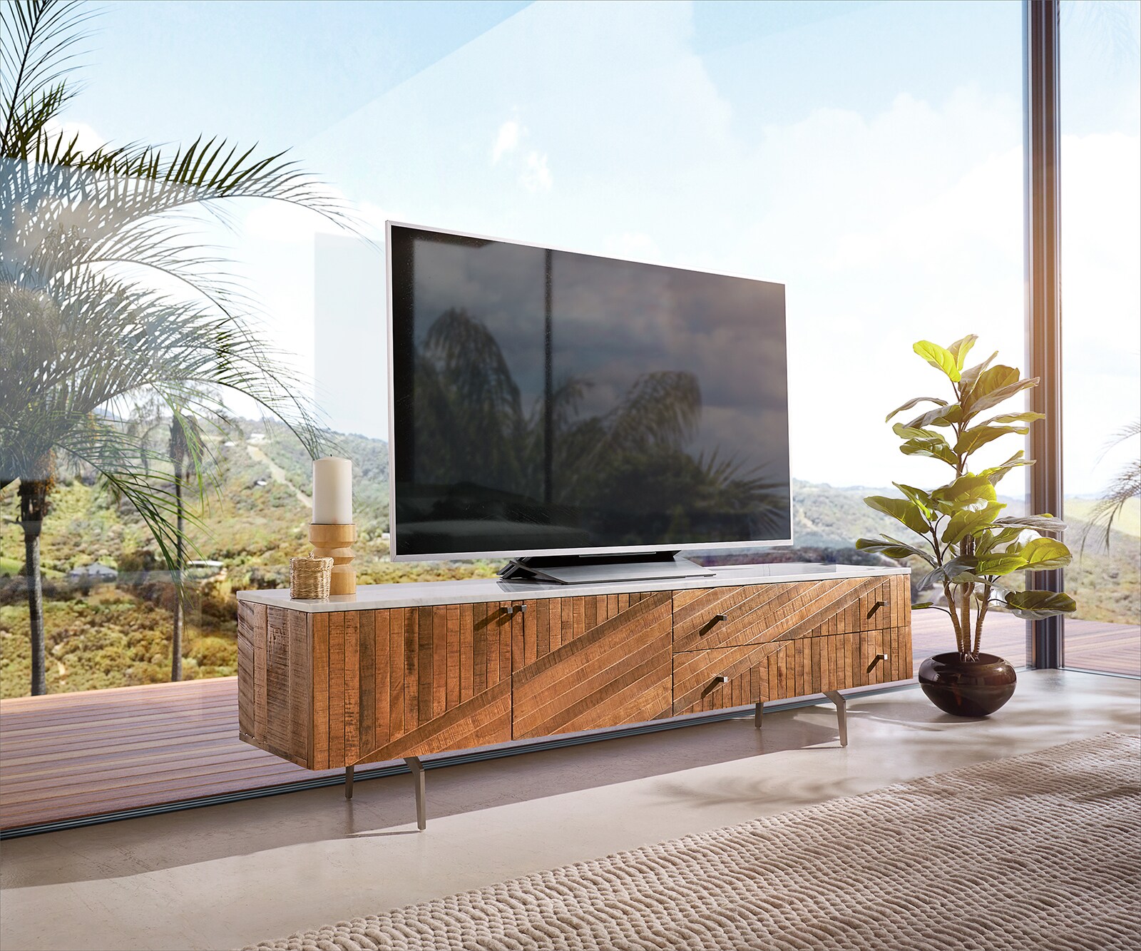 Tv-meubel Bahan 175 cm mango teak  2 deuren 2 schuifladen marmerblad wit hoekpoot edelstaal 1