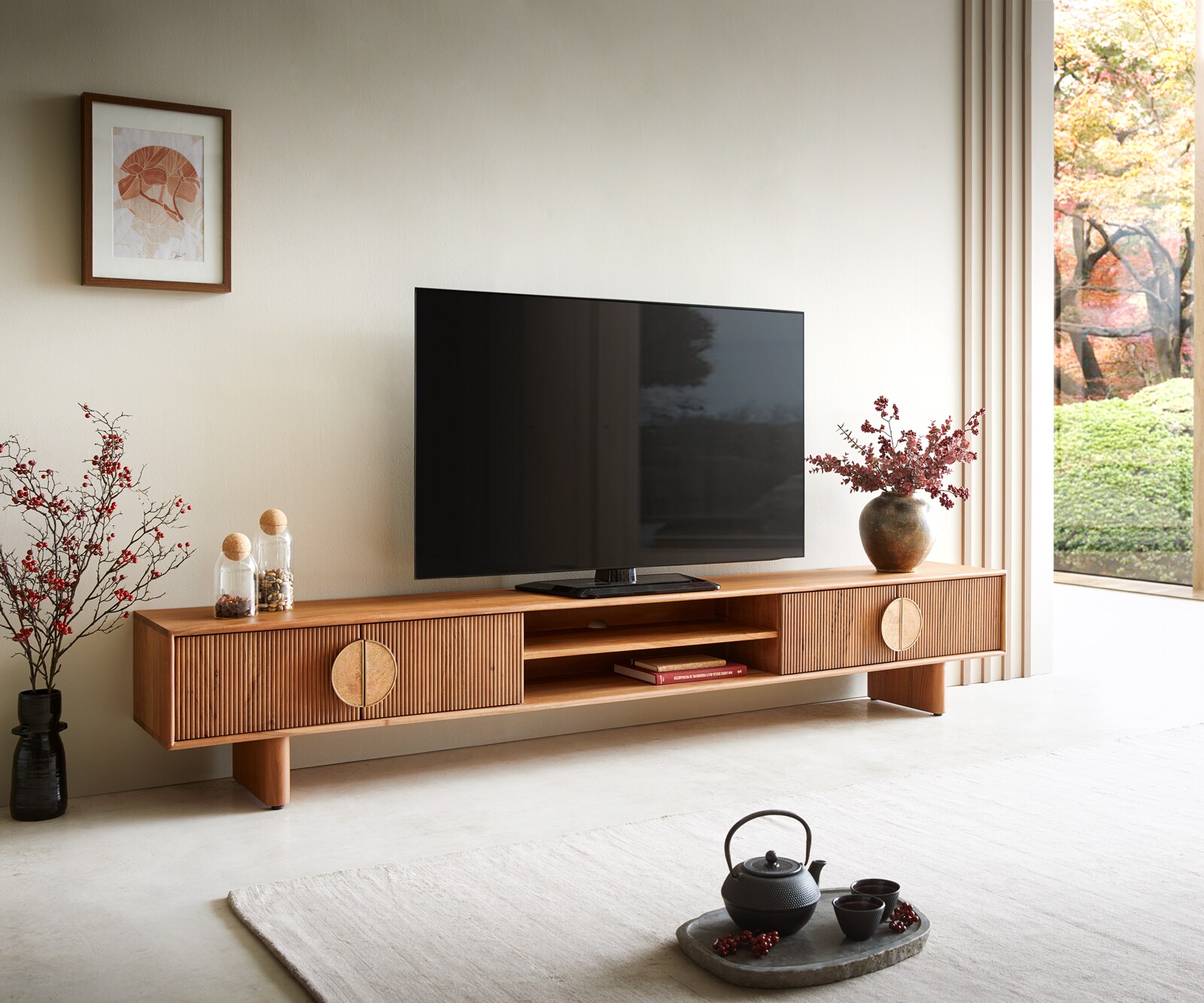 Tv-meubel Surimu 240 cm acacia lichtbruin 4 deuren 2 vakken kurk handvat houten poten