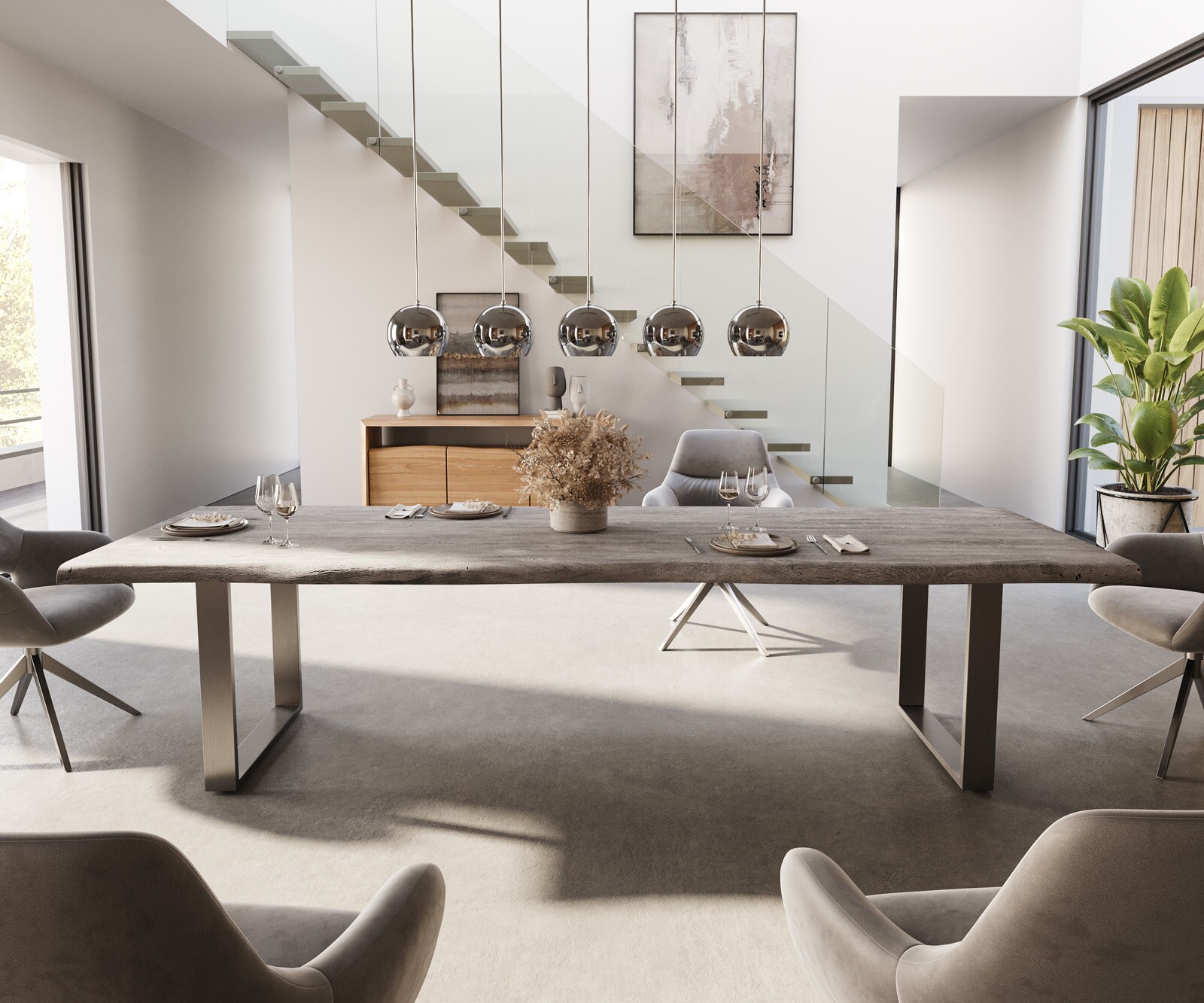 Eettafel Edge 300x100 XL acacia platina roestvrijstaal smal Live-Edge 1 Eettafel Edge 300x100 XL acacia platina roestvrijstaal smal Live-Edge 1
