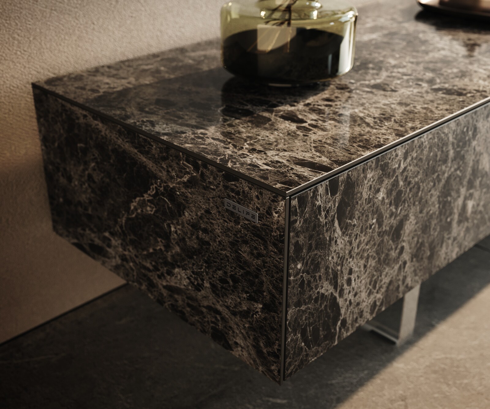 Tv-meubel Cuor 200 cm Keramiek Emperador Extra Lucidato Donkerbruin 1 Flap 1 Lade Zwevende voet look Acrylglas 5