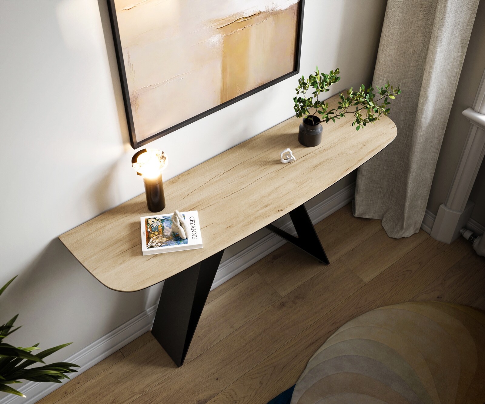 Consoletafel Edge Bootvorm 140x40 cm Keramiek Laminam® Sabbia Eichefarbig Velio Metaal Zwart 2