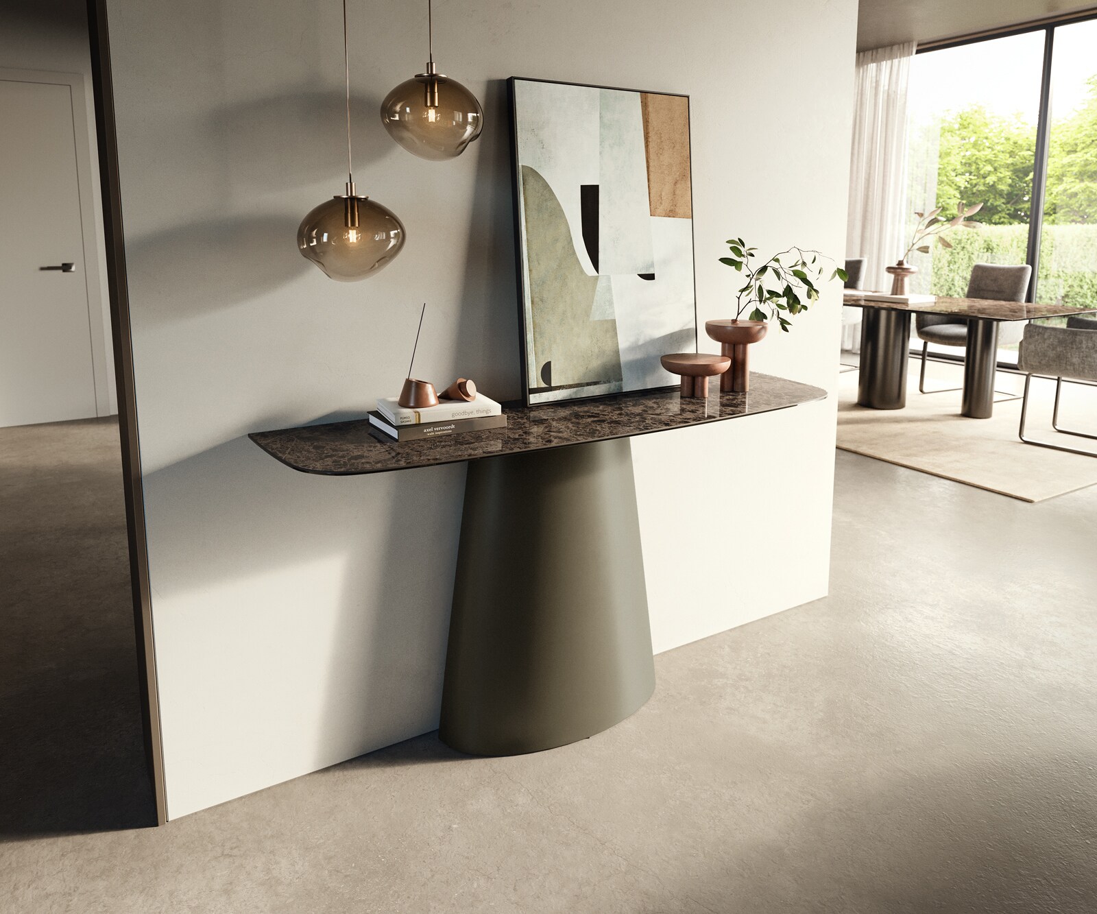 Consoletafel Edge Bootvorm 140x40 cm Keramiek Emperador Extra Lucidato Dunkelbraun Conos Metaal Effektfinish Titan 3