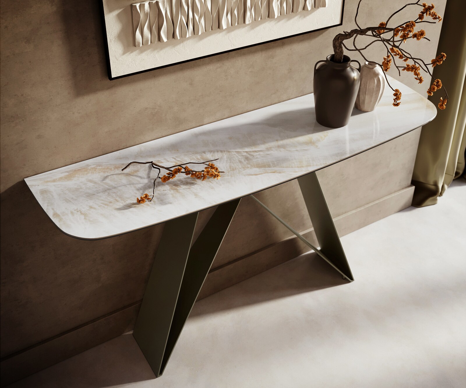 Consoletafel Edge Bootvorm 140x40 cm Keramiek Onyx Pearl Velio Metaal Effektfinish Titan 2