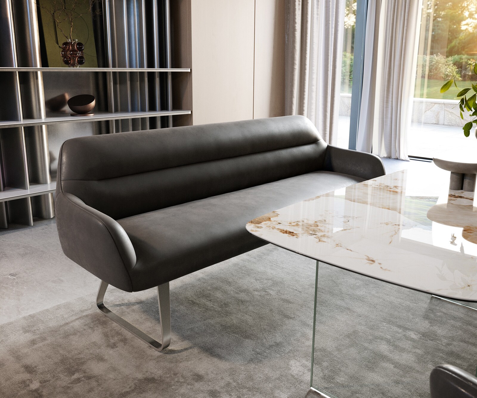 Eetkamerbank Taya-Flex 200 cm microvelours anthraciet vintage platte sledebasis roestvrij staal pocketvering