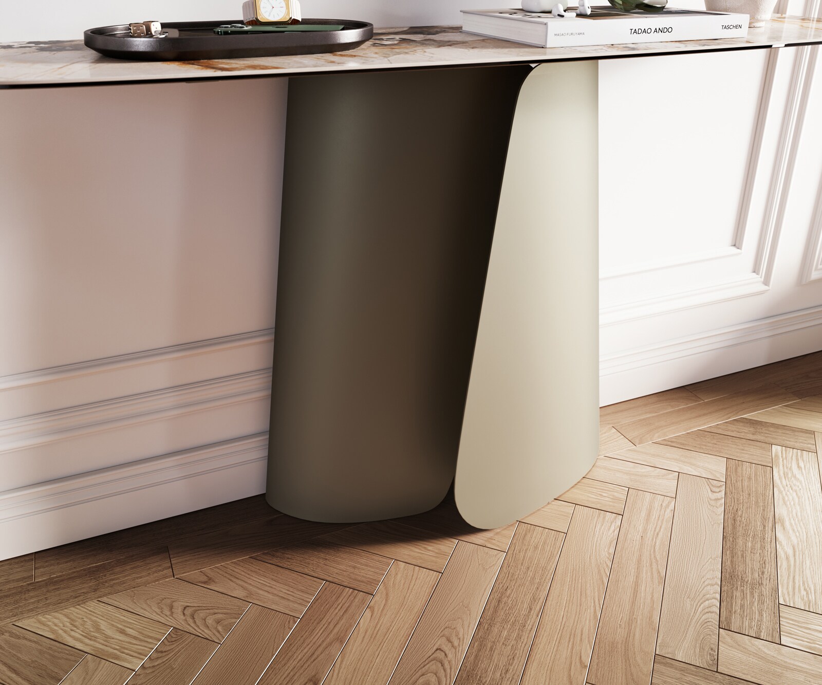 Consoletafel Edge Bootvorm 140x40 cm Keramiek Patagonia Poliert Livos Metaal Effektfinish Titan 6
