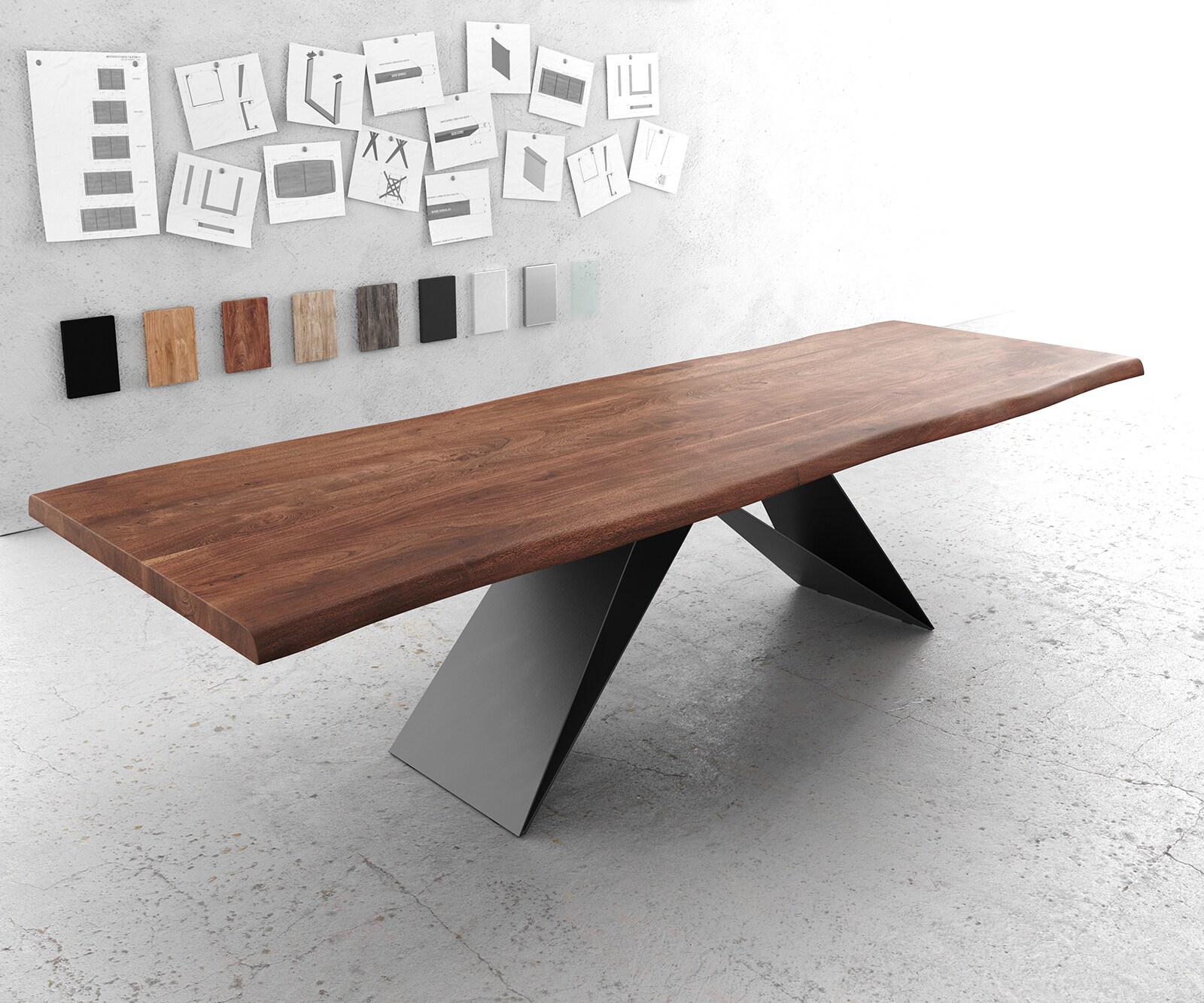 Eetkamertafel Edge 300x100 XL acacia bruin V-frame vlak staal zwart live edge