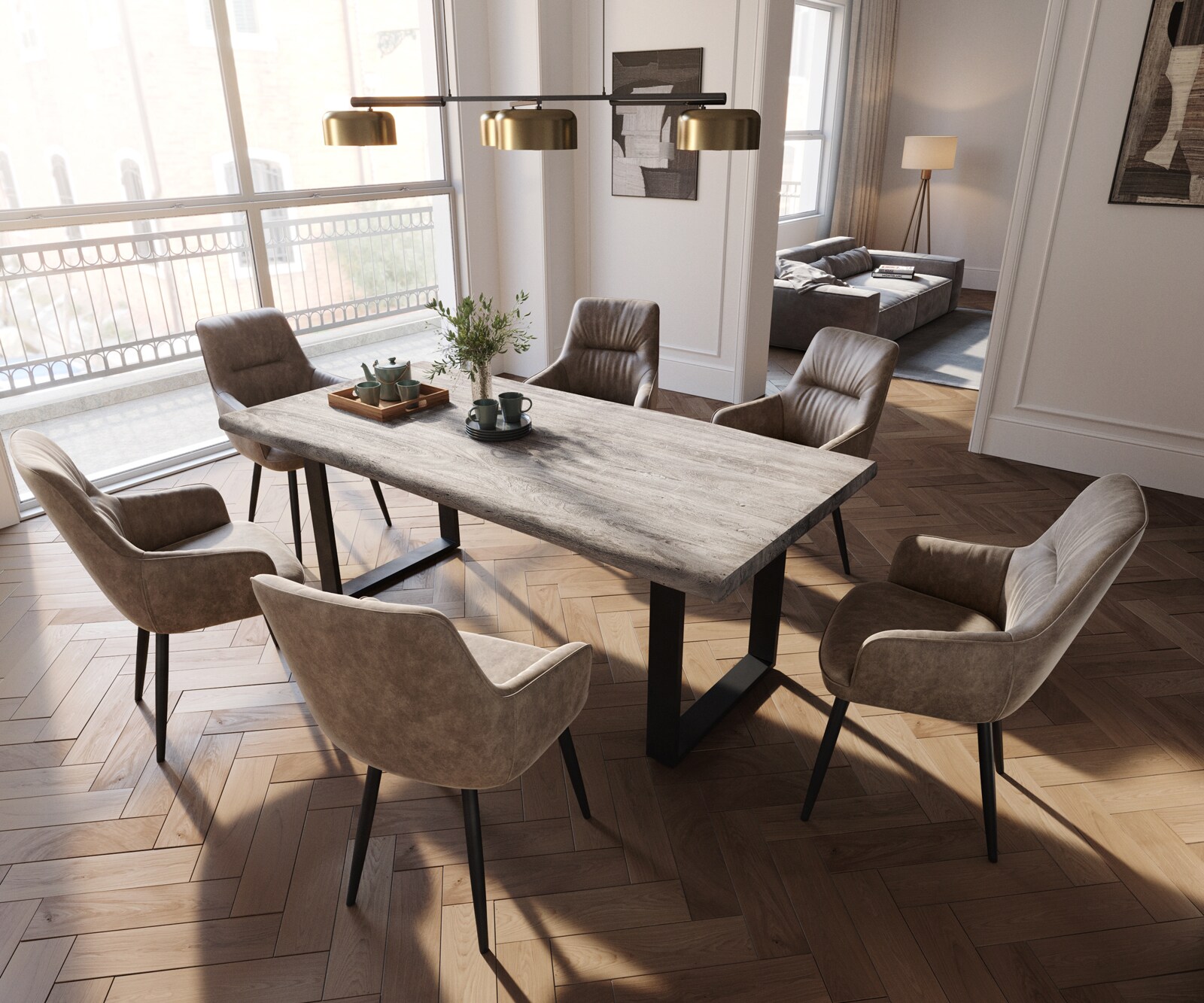 Eetkamerstoel Zelia-Flex met armleuning microvelours taupe vintage 4-poot conisch zwart pocketveer kern 4