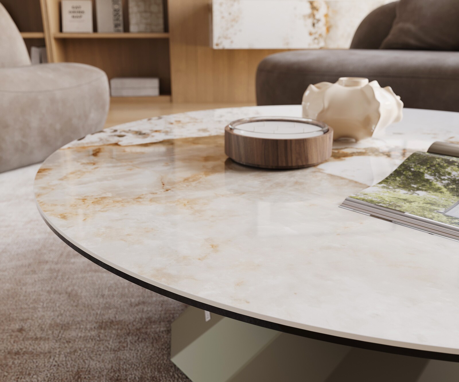 Salontafel Edge rond 100x100 cm keramiek Minas Melange Parabi Metall effectafwerking titaan 6