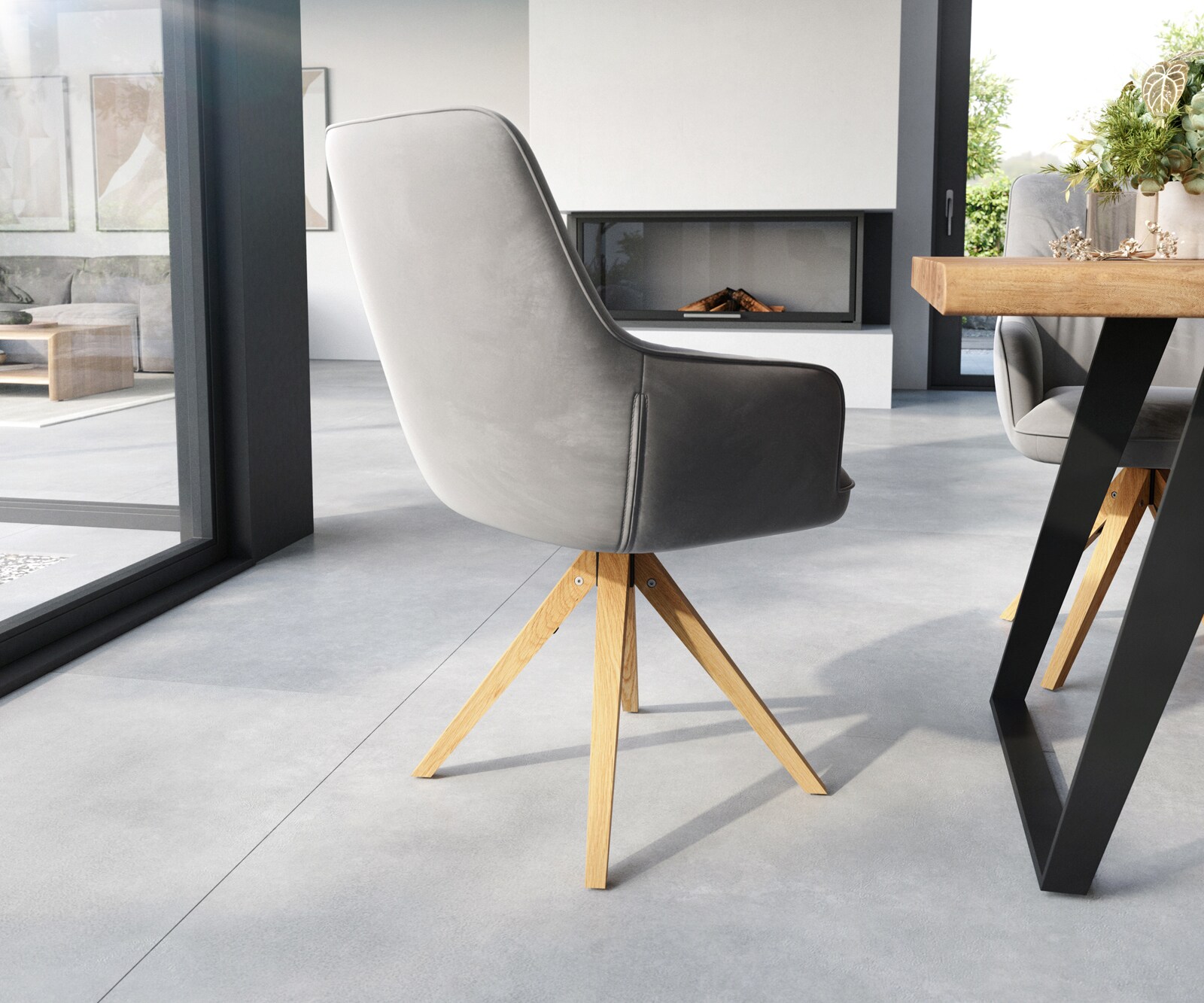 Eetkamerstoel Zelia-Flex met armleuning fluweel grijs houten frame hoekig natuur pocketveer kern 4 Eetkamerstoel Zelia-Flex met armleuning fluweel grijs houten frame hoekig natuur pocketveer kern 4