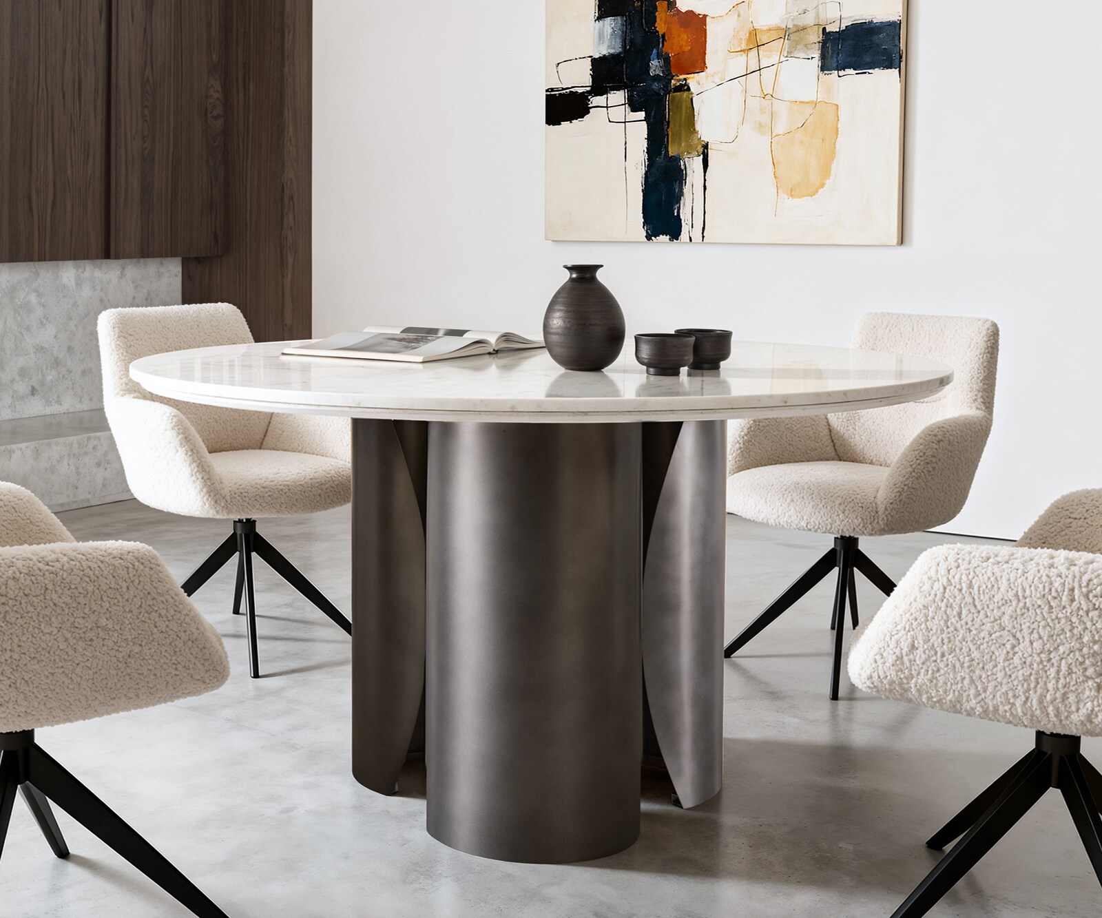 Eettafel Adenza rond 140x140 cm marmer wit metaal zwart antiek 1