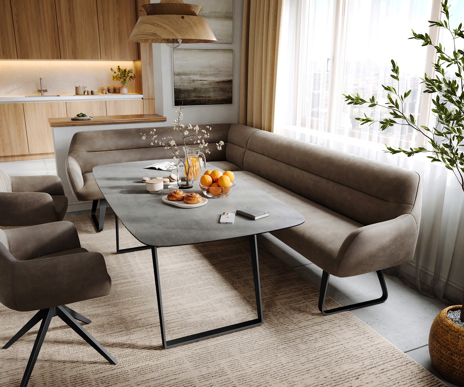 Eetkamerbank Taya-Flex 285x190 cm microvelours taupe vintage platte sledebasis zwart pocketvering rechts 1