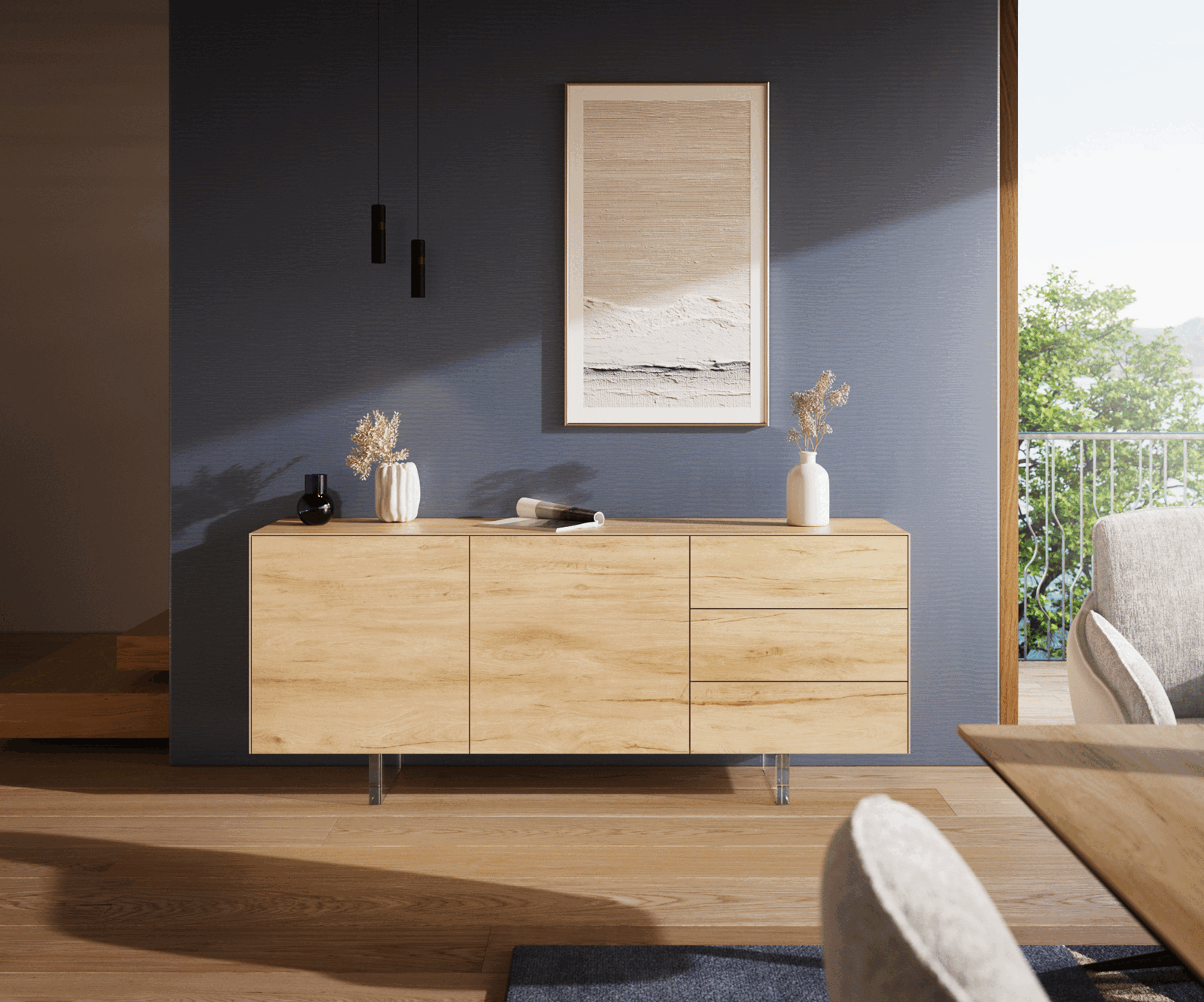 Dressoir Cuor 180 cm Keramiek Laminam® Sabbia Eiken gekleurd 2 Deuren 3 Laden Zwevende voet look Acrylglas 2