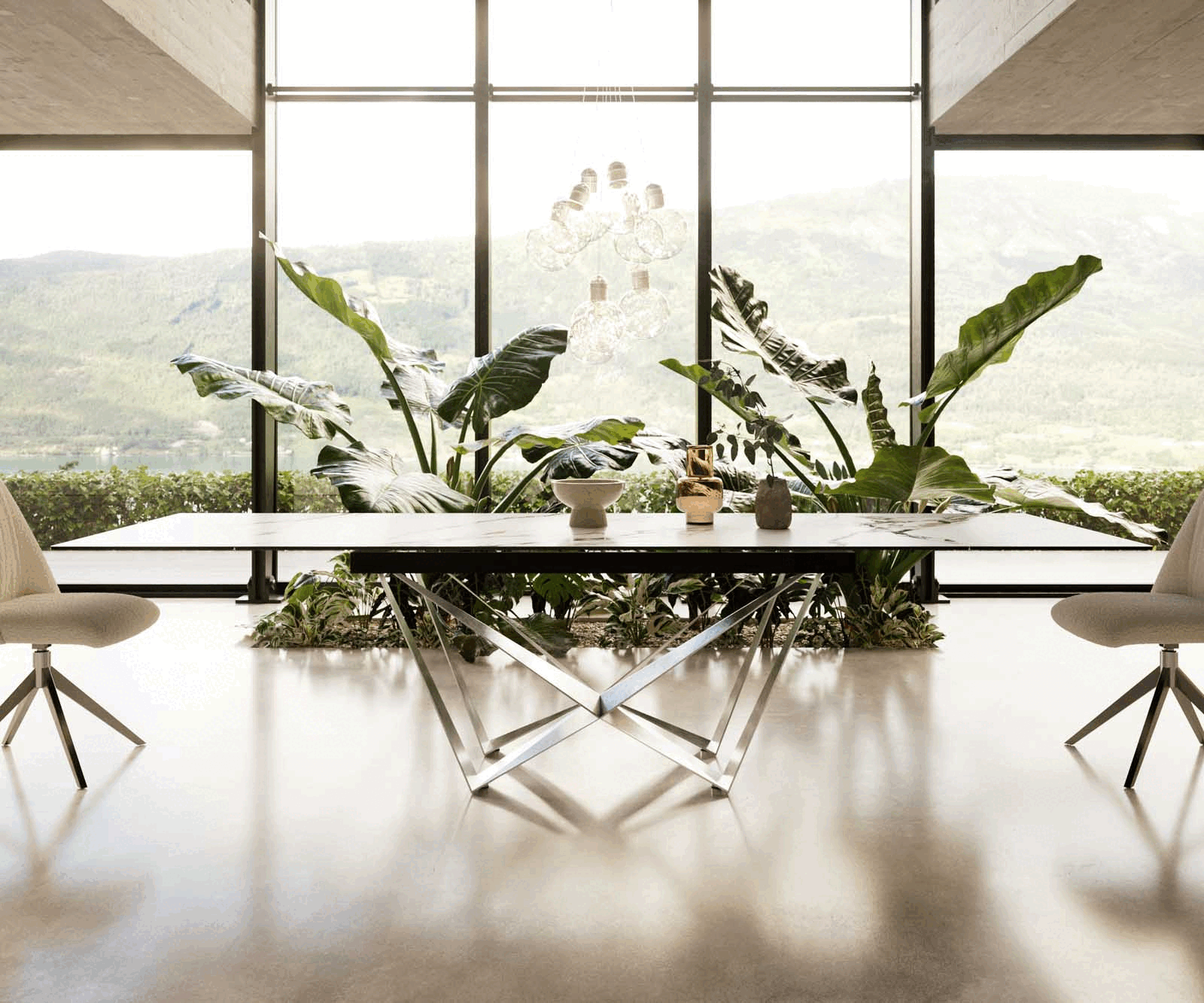 Eetkamertafel Edge 200-300x100 keramiek Calacatta Luxe wit-goud-grijs spider vlak staal RVS uitschuifbaar 1