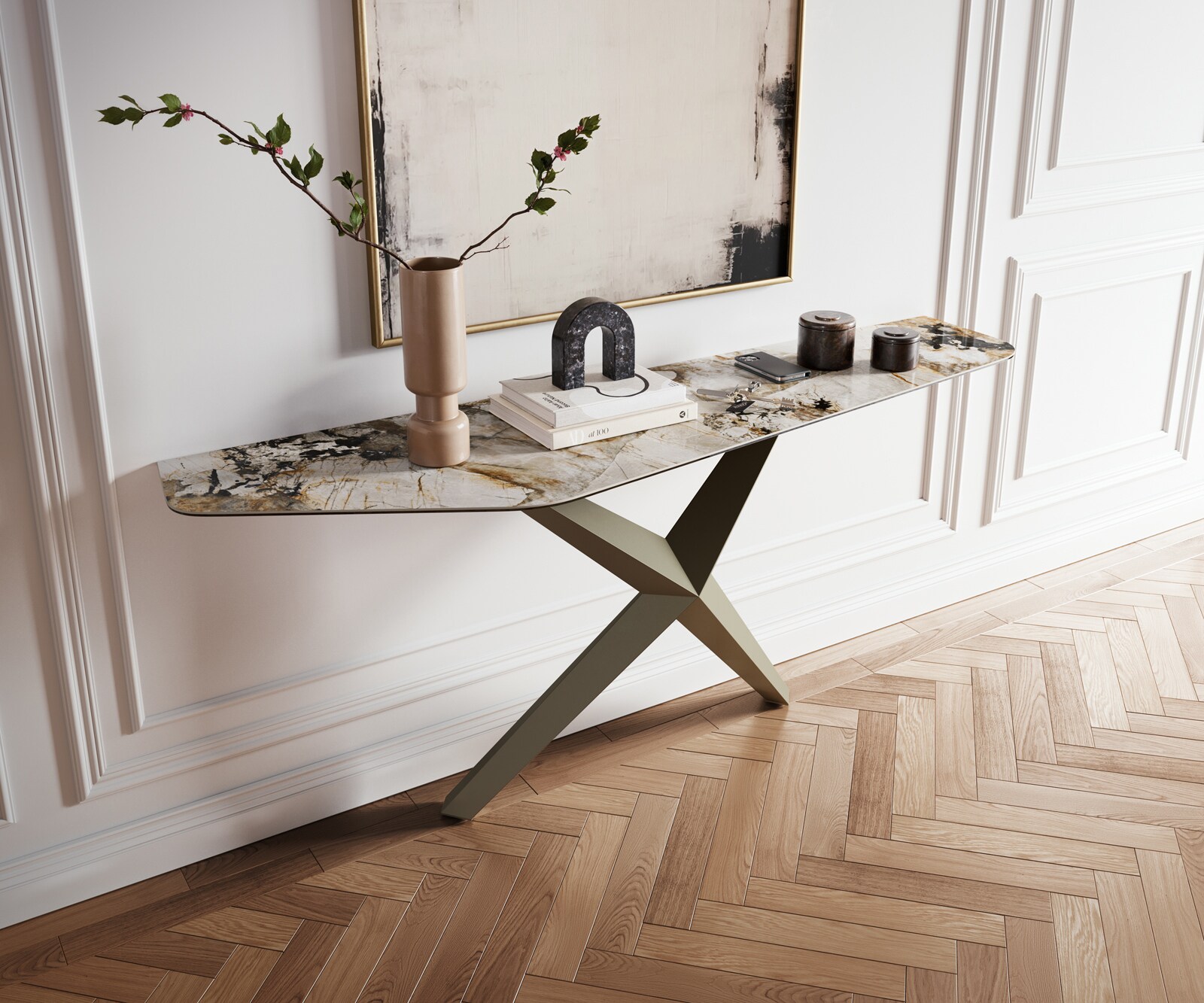 Consoletafel Edge Polygonaal 180x50 cm Keramiek Patagonia Poliert Zentharo Metaal Effektfinish Titan 1