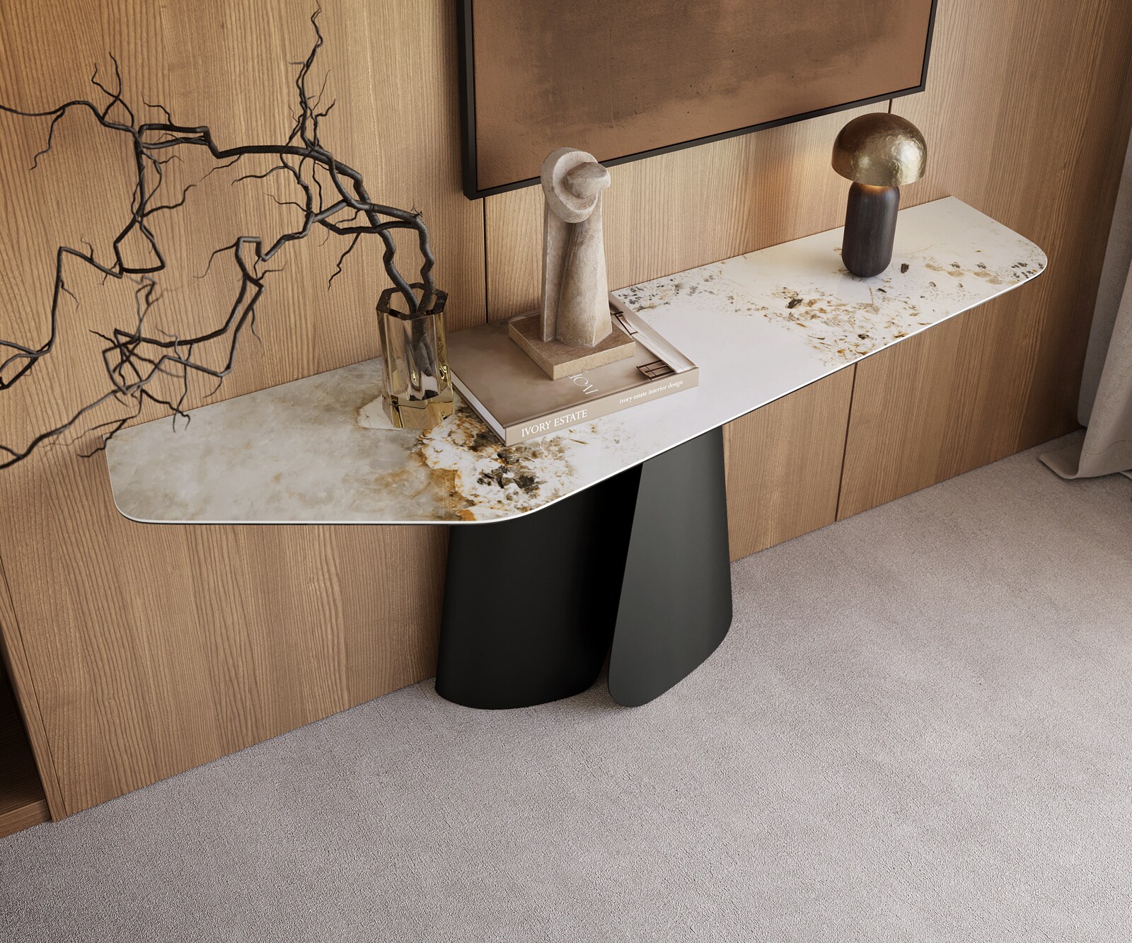 Consoletafel Edge Polygonaal 180x50 cm Keramiek Minas Melange Weiß-Beige Livos Metaal Zwart 2