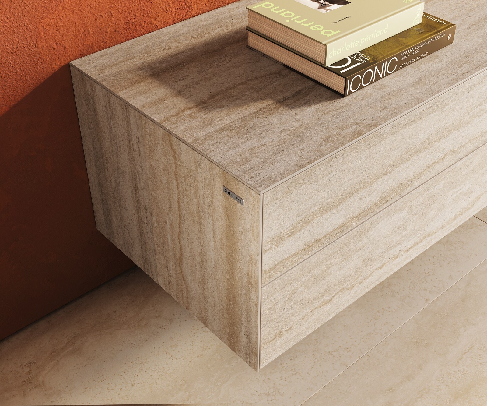 Tv-meubel Cuor 180 cm Keramiek Laminam® Travertino Bianco Crème-wit 1 Flap 2 Laden Zwevend 6