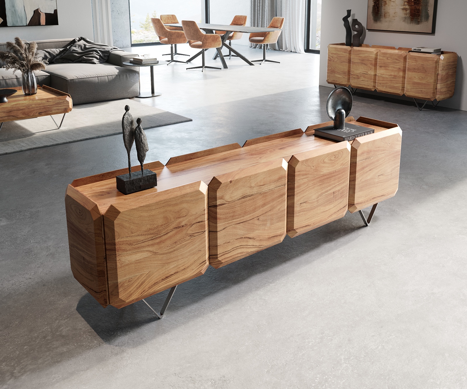 Lowboard Kiano 200 cm Acacia Natuur 4 Deuren V-voet Edelstaal Roomdivider Lowboard Kiano 200 cm Acacia Natuur 4 Deuren V-voet Edelstaal Roomdivider