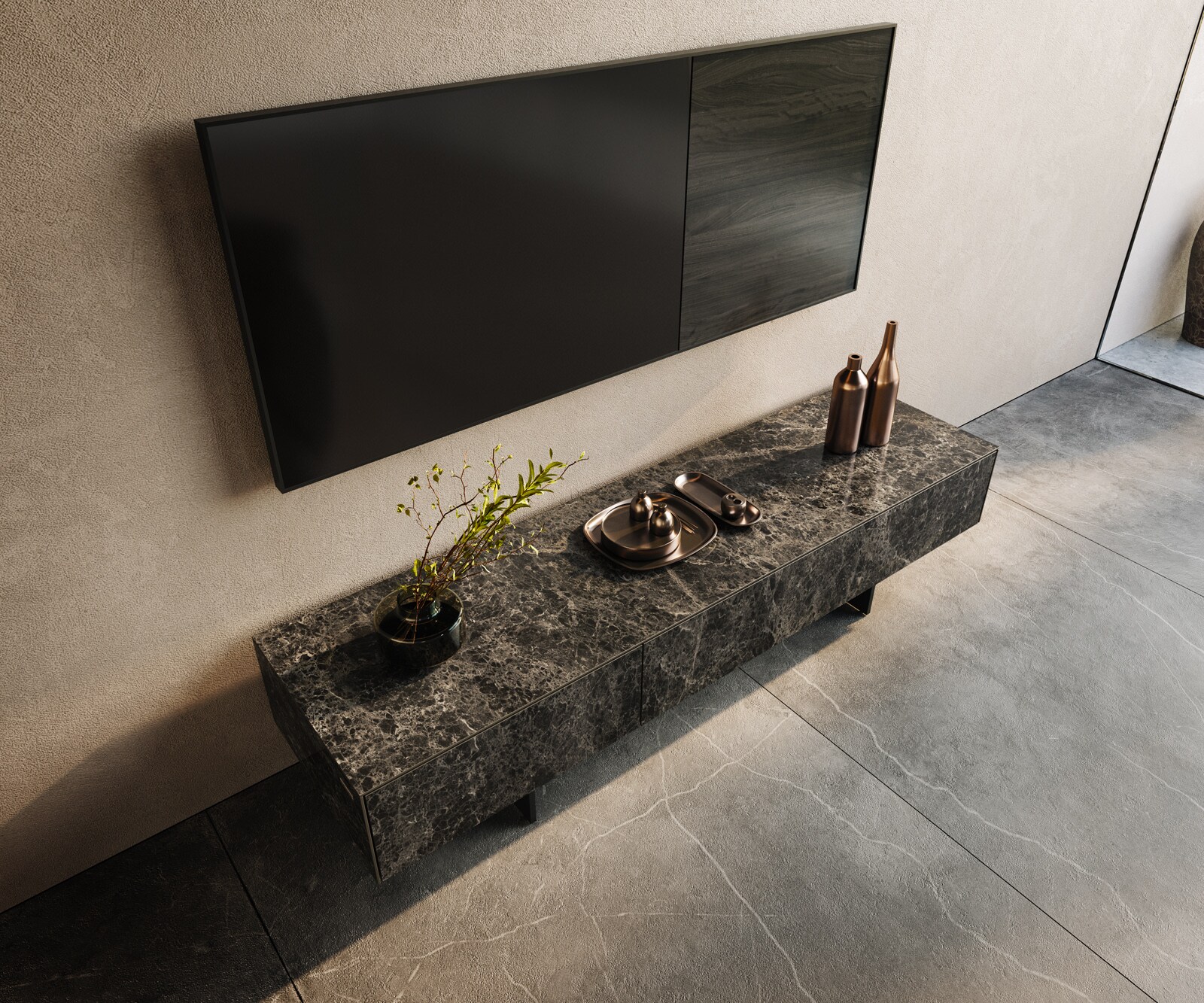 Tv-meubel Cuor 150 cm Keramiek Emperador Extra Lucidato Donkerbruin 1 Flap 1 Lade Zwevende voet look Metaal Zwart 3