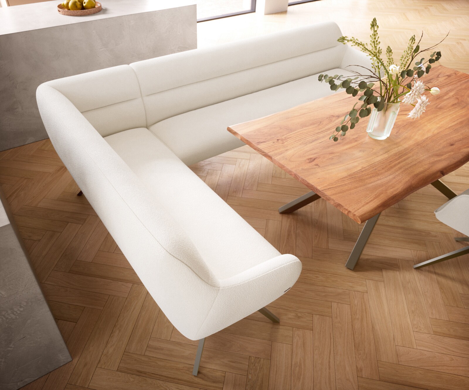 Eetkamerbank Taya-Flex 285x190 cm bouclé crème-wit hoekig kruisframe afwerking met titaniumeffect pocketvering links 4