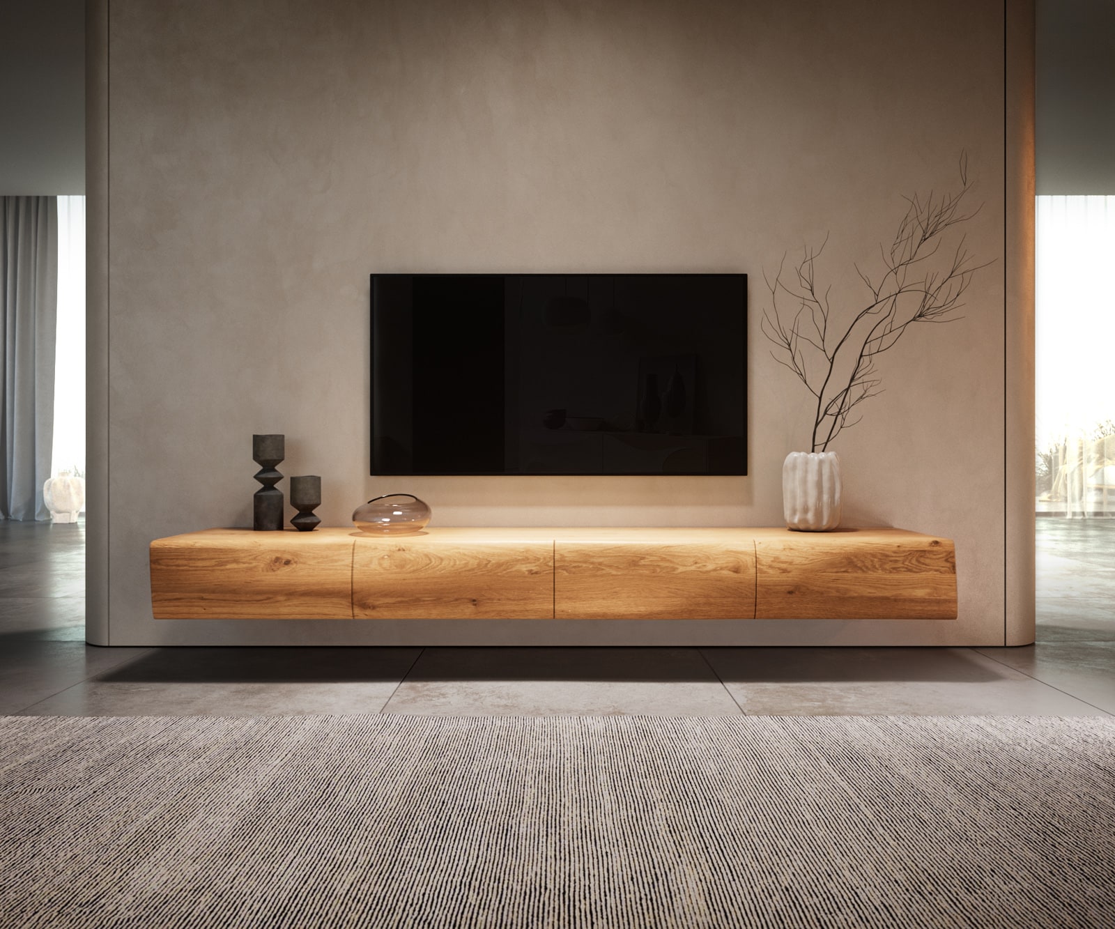 Tv-meubel New Live-Edge 200 cm eiken natuur 4 laden zwevend