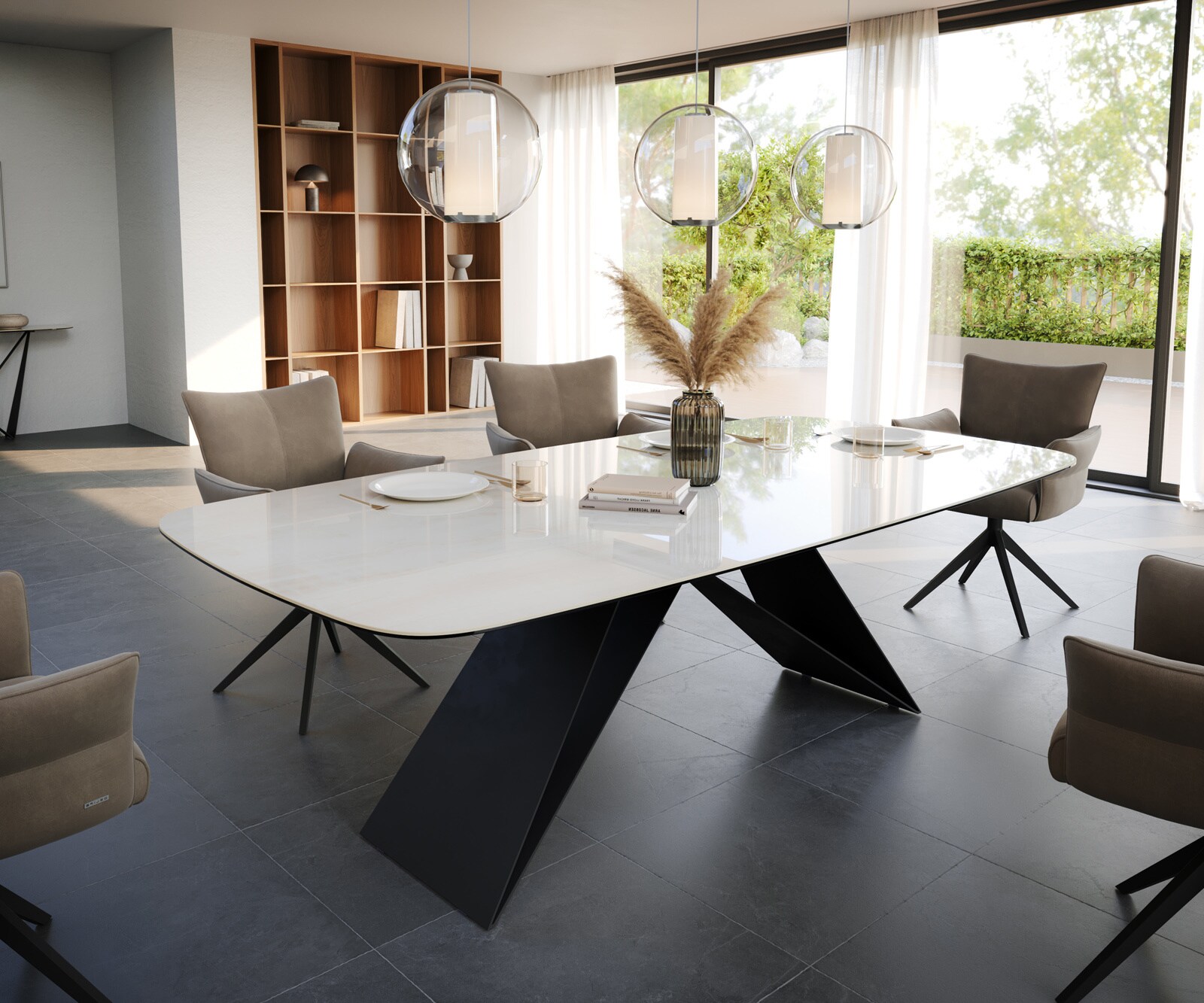 Eettafel Edge Boot 240x120 cm Keramiek Onyx Champagne V-onderstel Platstaal Zwart 1