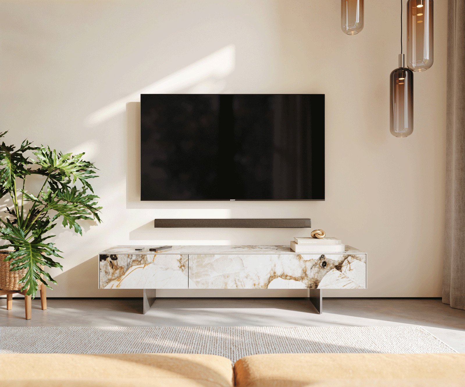 Tv-meubel Cuor 150 cm Keramiek Patagonia gepolijst 1 Flap 1 Laden Zwevende voet look Roestvrij staal 2